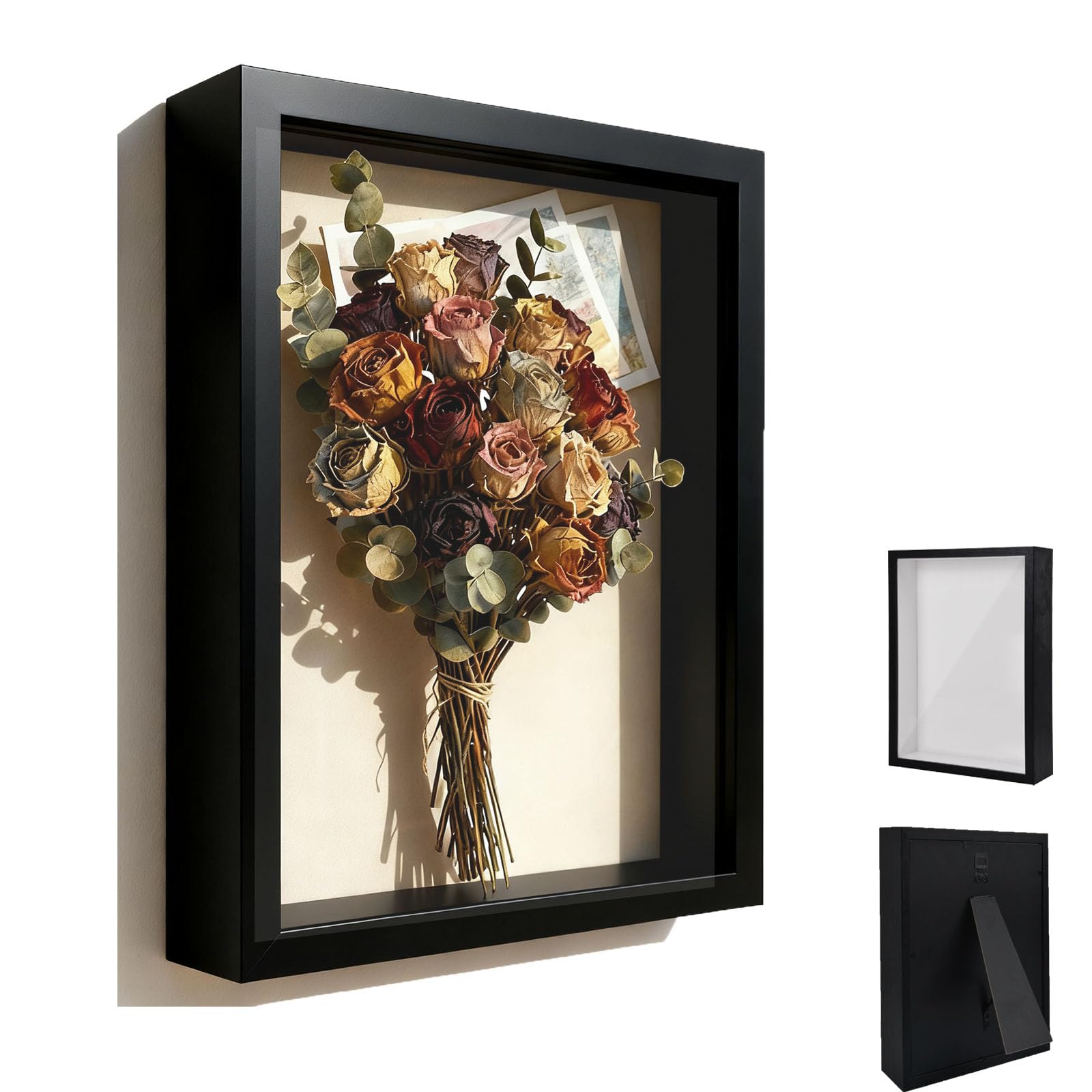 Cornice per Immagini 3D, 30 x 40 cm, Cornice Profonda da Riempire, con Lastra Acrilica Trasparente, Cornici 3D Rettangolare, Cornici per Lggetti in Legno,per Fiore, Souvenir, Nero