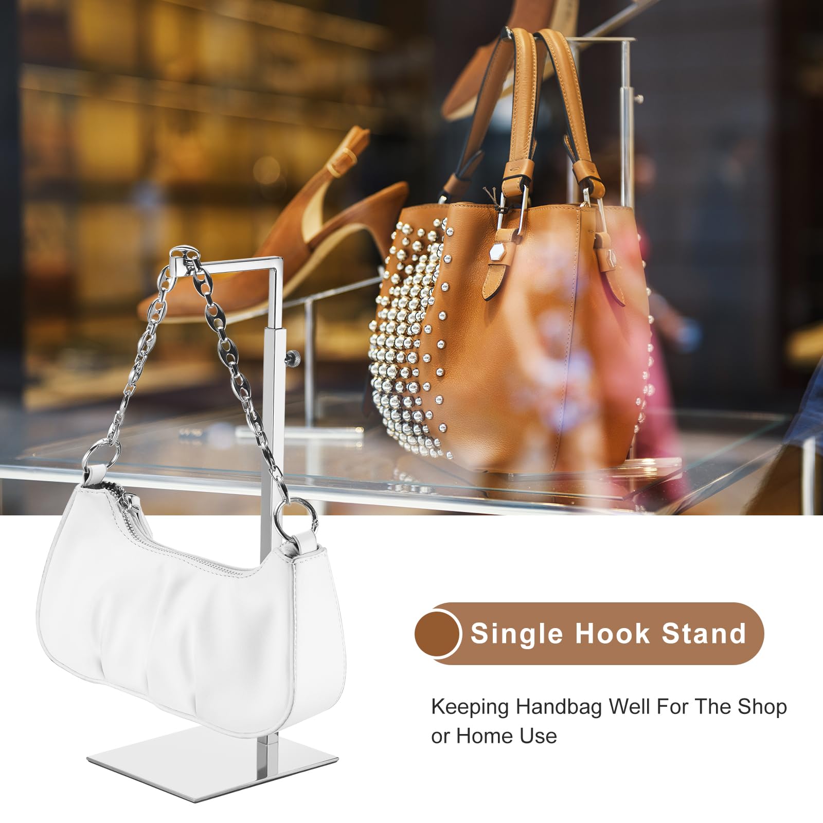 QUARKZMAN Espositore per Borse 1 Confezione Supporto Regolabile in Acciaio Inossidabile Tavolo con Gancio Singolo per Boutique - Argento