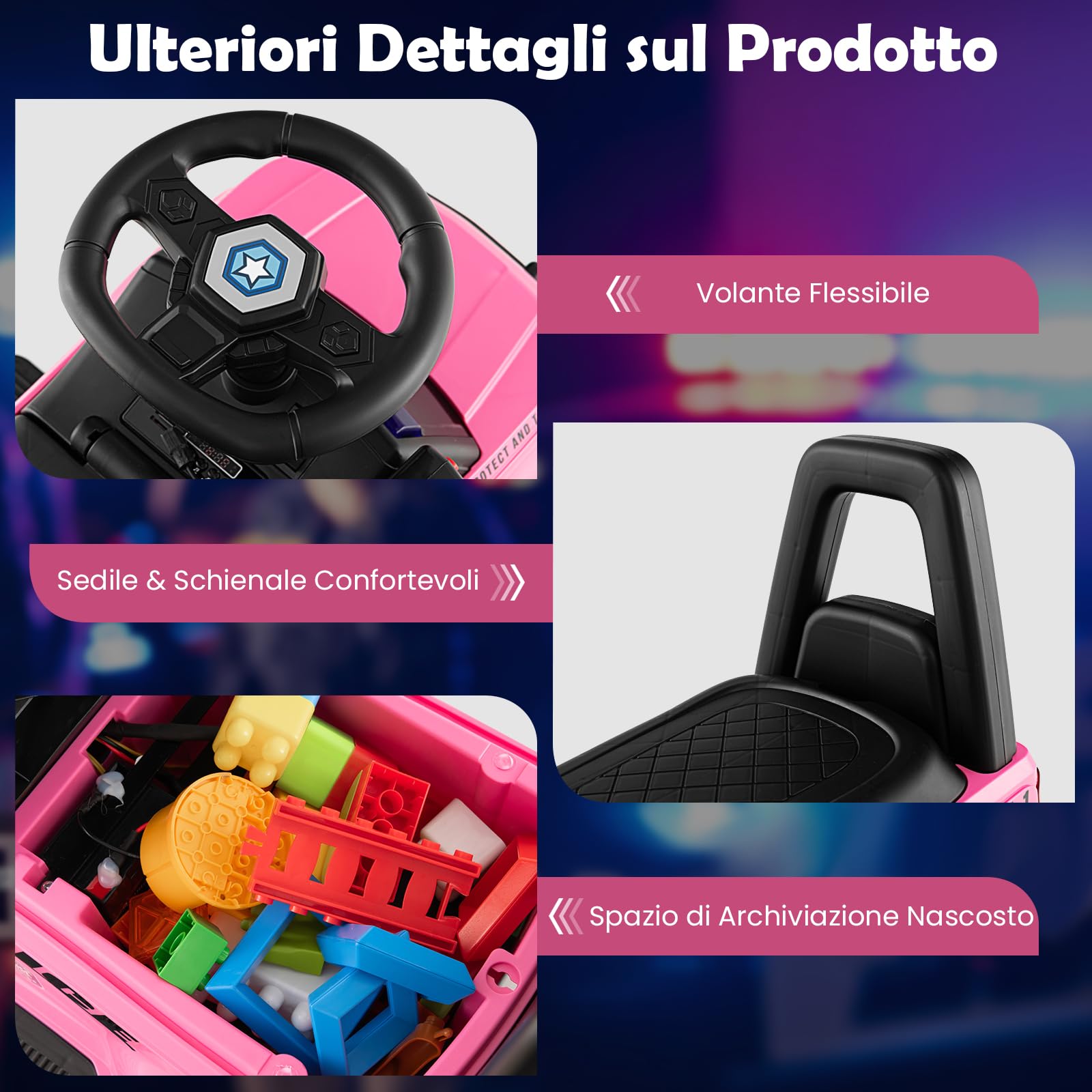 GYMAX Macchina della Polizia Alimentata a Batteria 6V con Megafono Sirene e Luci, Cavalcabile con Musica per Bambini e Bambine 18-60 Mesi (Rosa)