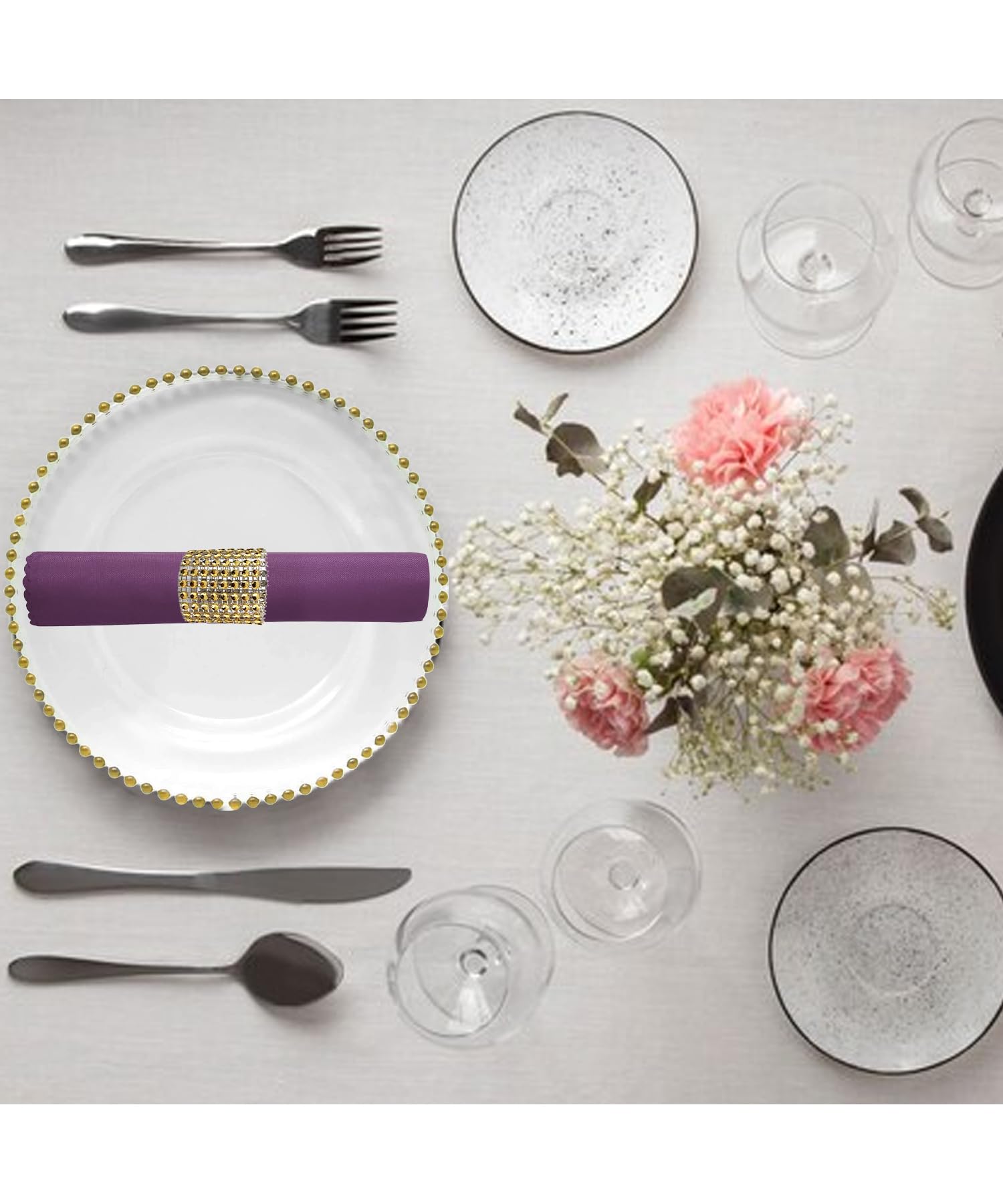 Elegante juego de platos de cristal transparente y servilleteros dorados, 10 piezas, diseño de cuentas, platos de 33 cm para bodas, cenas, fiestas y eventos, mesa reutilizable y manteles individuales