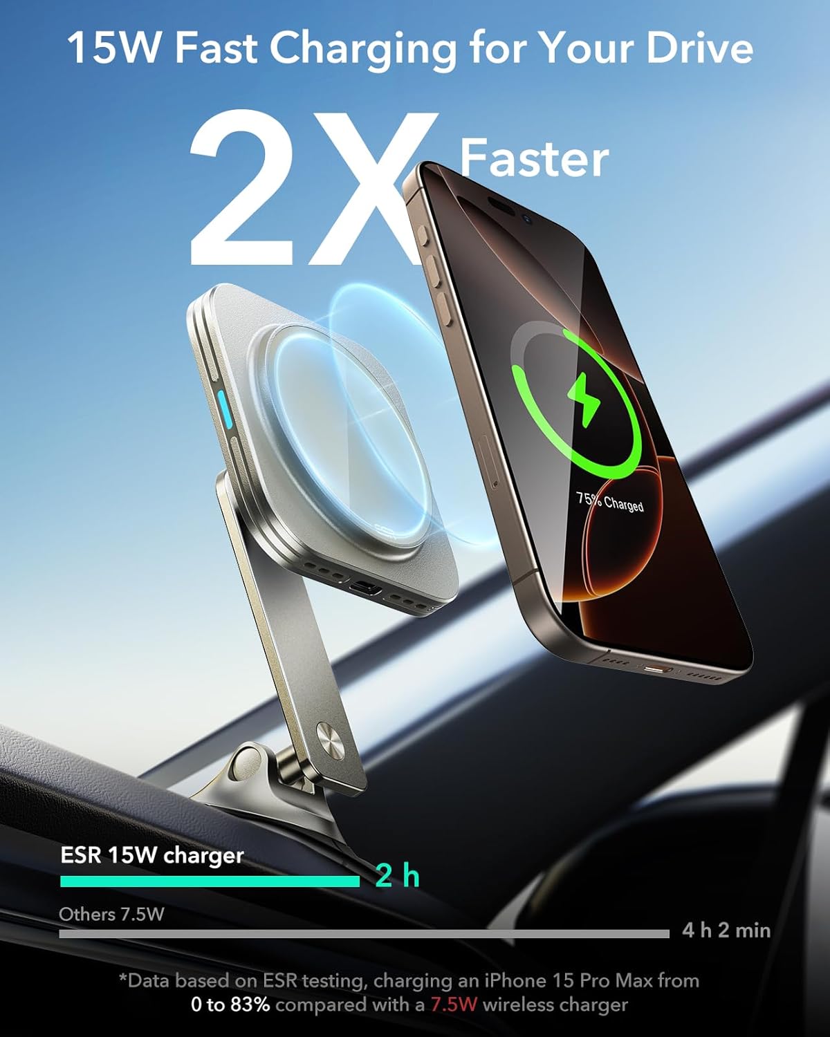 ESR for 15W MagSafe Car Mount Charger, Universal Dashboard/Tesla MagSafe Car Charger, Magnetic Wireless Charging, Adjustable Car Phone Holder for iPhone 17/16/15/14/13/12, S25, Pixel 10, Titanium