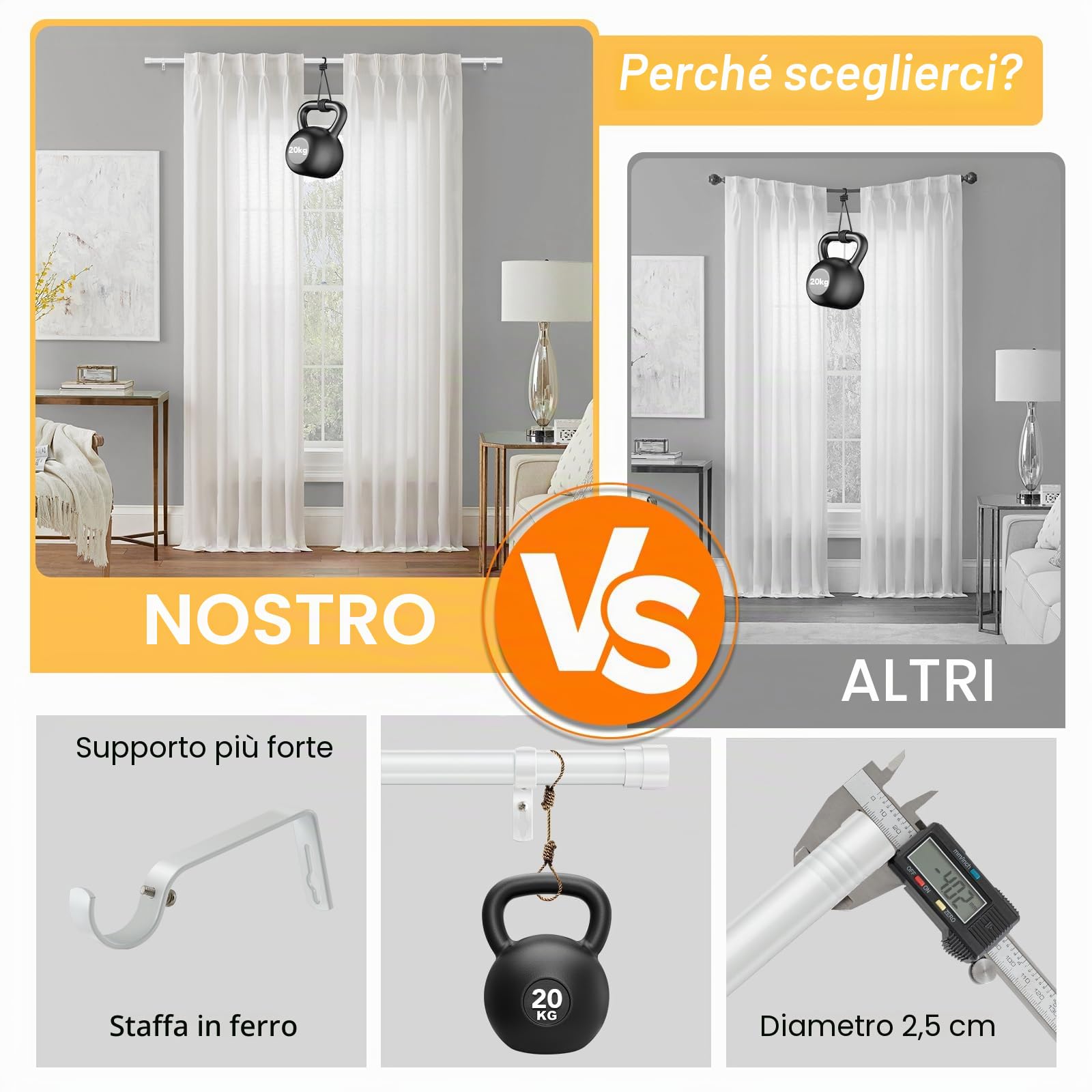 BellaHills 1 Pezzi Bastone Tenda Estensibile, 76-269cm Bastoni per Tende con Staffe in Diametro 25mm, impermeabile e antiruggine, Aste per Tende Set per Camera da Letto, Soggiorno, Cucina, Bianco