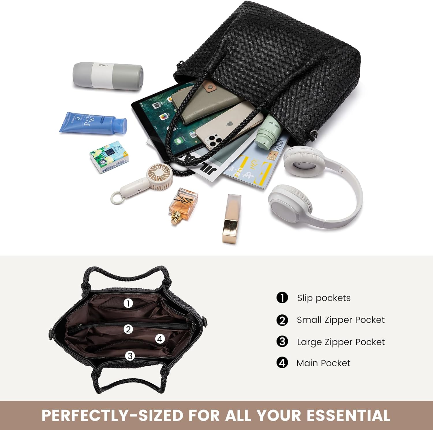 LOVEVOOK Woven Tote Bag for Women Vegan Leather Shoulder Handbag for Travel Work Crossbody Purse - Image 3