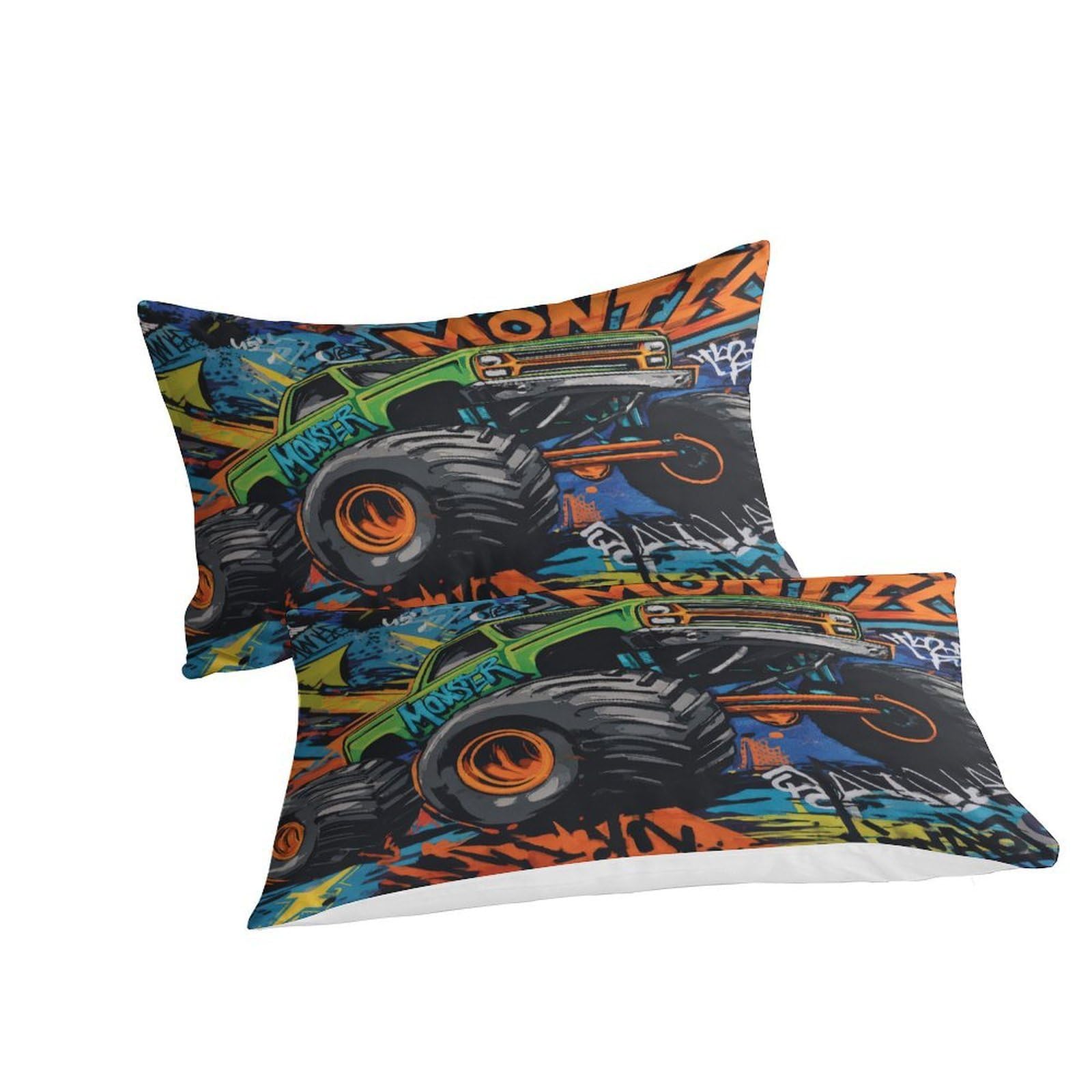 Offroad LKW 3-teiliges Reines Polyester Graffiti Kunststil Bettbezugset, Versteckter Reißverschluss, Für Kleinkinder, Babysicher & Gifffrei, Pflegeleicht King（220x240cm）