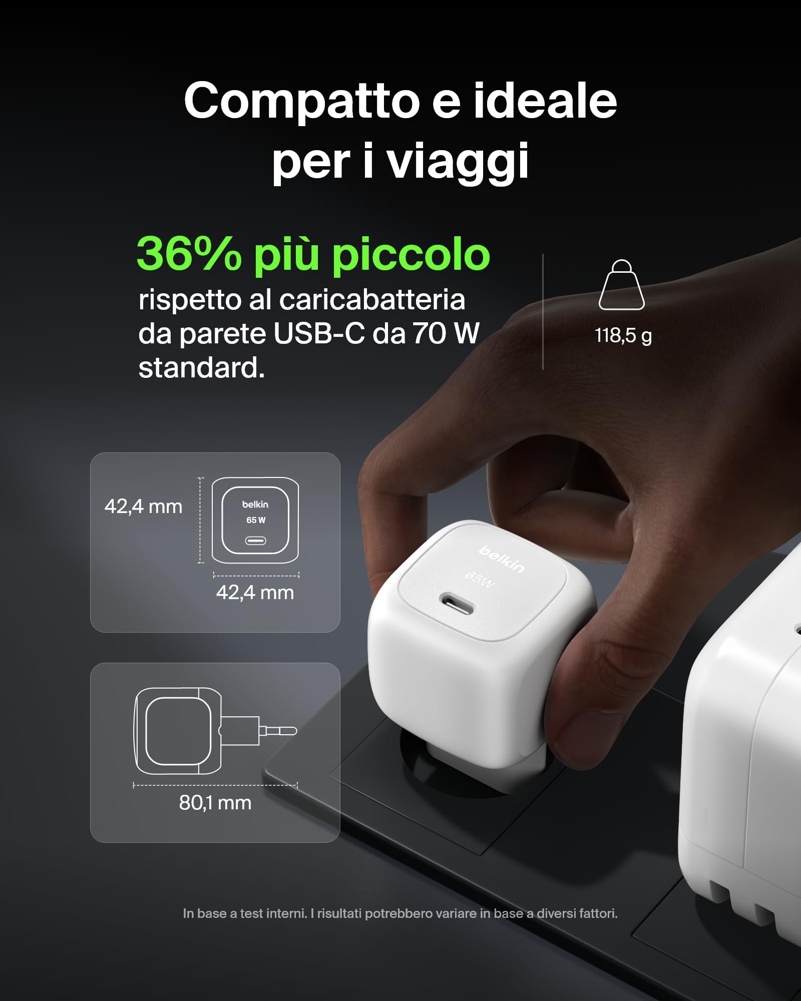 Belkin Caricatore USB-C da 65 W, Ricarica rapida, Caricatore da muro USB-C per telefono, funziona con iPhone 16-15-14-13, Galaxy S25, Google Pixel 9, MacBook, iPad, AirPods, Chromebook ecc - Bianco