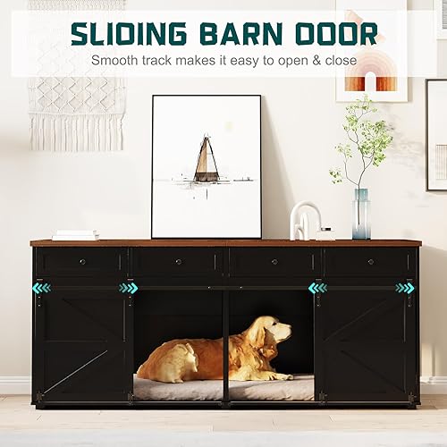 Miniatura 2 de Furniture Style - Jaula para perros, 83 pulgadas de largo, muebles de madera para interiores con puertas correderas dobles de granero, 4 cajones y