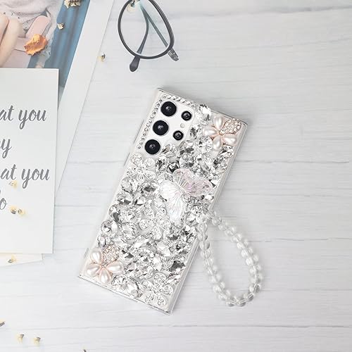 Miniatura 2 de Omio Funda compatible con Samsung Galaxy S22 Ultra Bling con correa de cadena de mano, bonita pulsera de mariposa 3D hecha a mano con purpurina