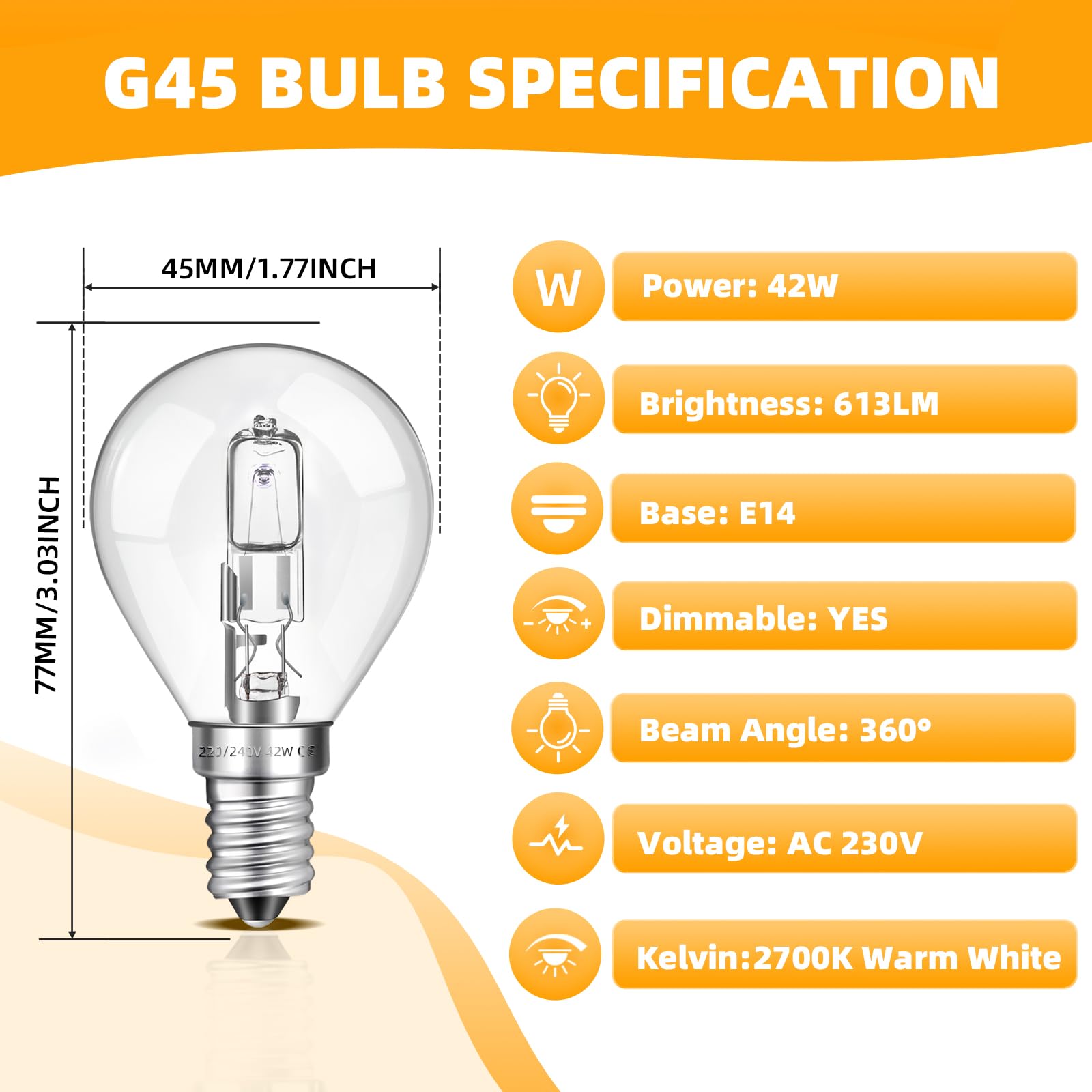 Lot De 5 Ampoules Halogènes G45 E14 42W - Blanc Chaud 2700K, Dimmable, 570 Lumens