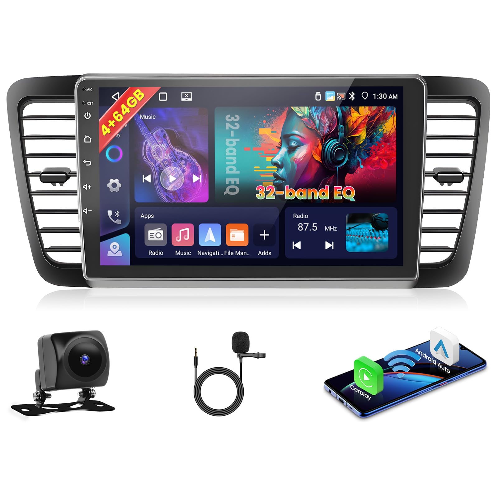 [4G+64G] Inefala for Subaru Legacy Outback 2003-2009 Android Car Radio Stereo with Wireless Carplay Android Auto, 9 Inch HD Touchscreen with WiFi GPS Bluetooth5.0 FM/RDS 32EQ SWC Backup Camera MIC-image-7