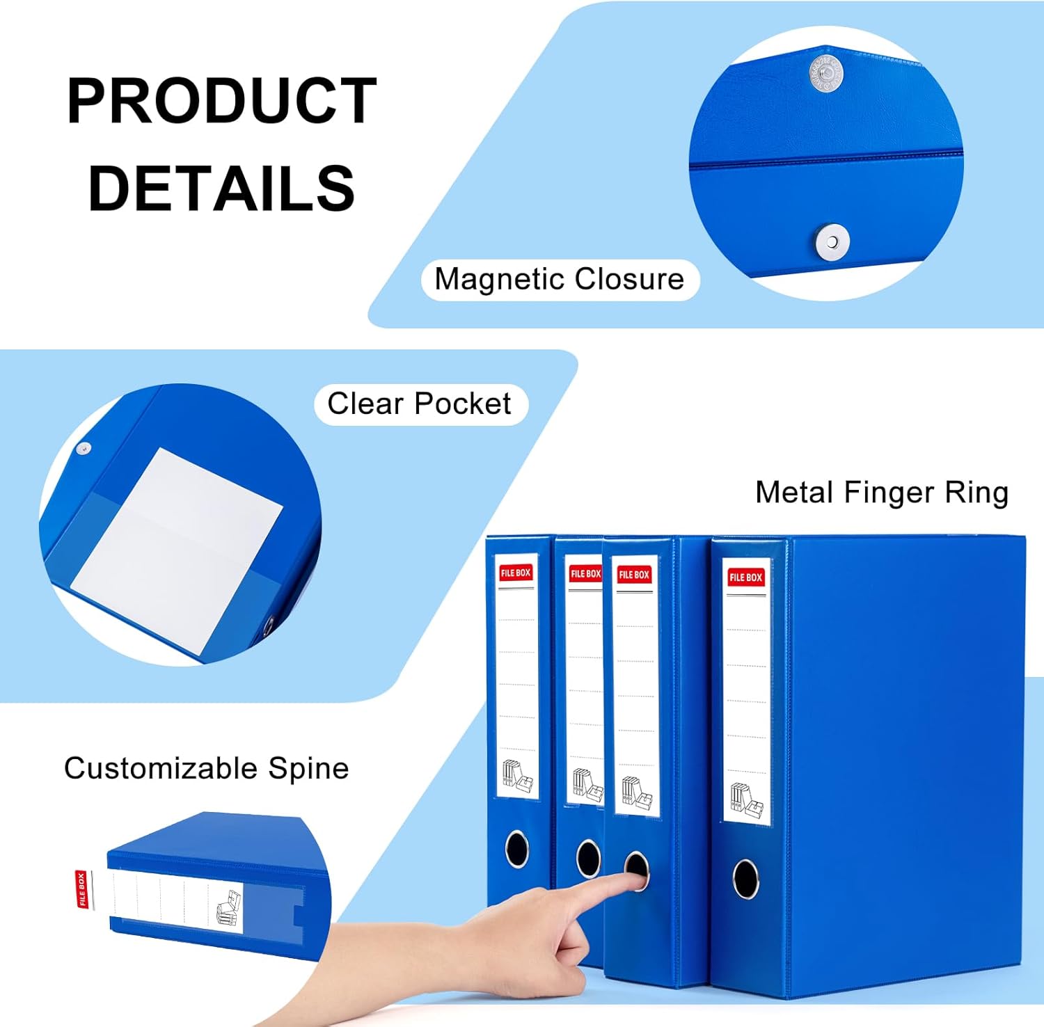 Storage File Boxes 4 Pack, Foldable Archives Cases with Clip, 88mm Spine, File Boxes with Magnetic Closure, Plastic Document File Organizer Storage, Blue