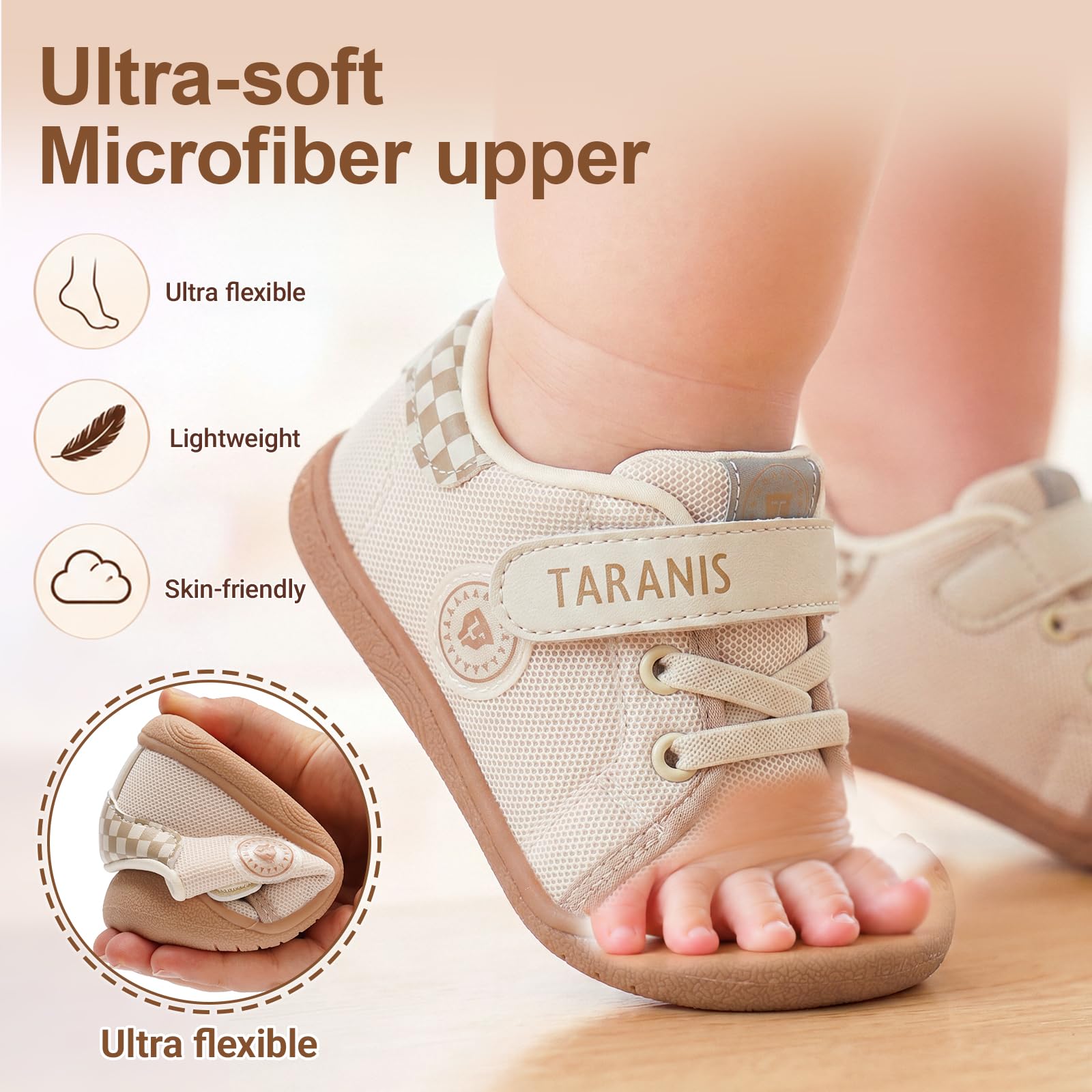 TARANIS Zapatos de bebé para niños y niñas, transpirables, antideslizantes, anchos, Blanco albaricoque, 7 Toddler