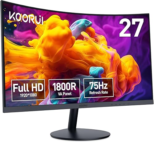 KOORUI - Monitor curvo de 27 pulgadas FHD, 1080P, 75 Hz, monitor para juegos, VA, LED con HDMI, VGA, inclinación ajustable, 1500R, protección