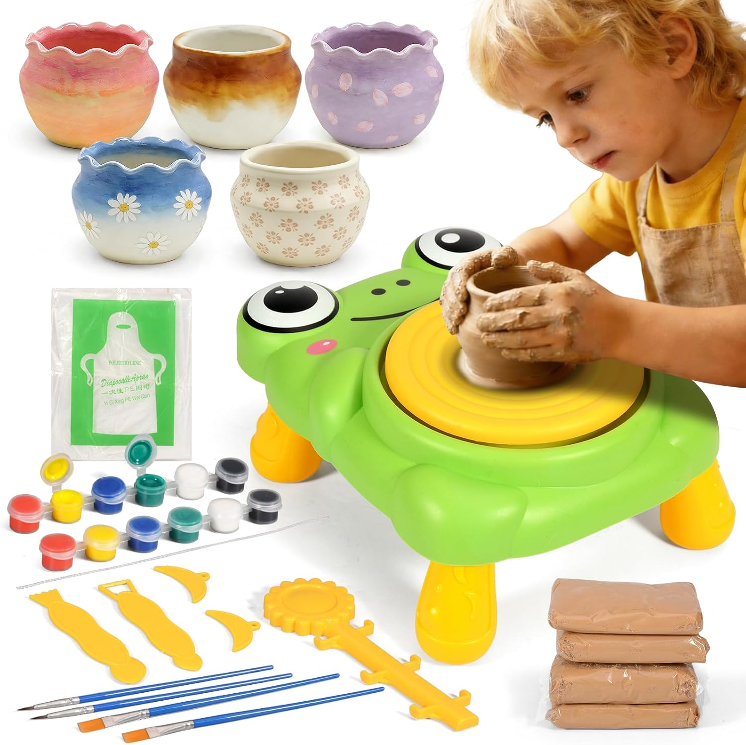 Pottery Wheel for Kids Complete Pottery Painting Kit Arts and Crafts for Kids Ages 3-12 with 4 Pack Pottery Clay,Sculpting Tools, DIY Kits Clay Maker for Beginners Art Supplies Toys for Girls Boy