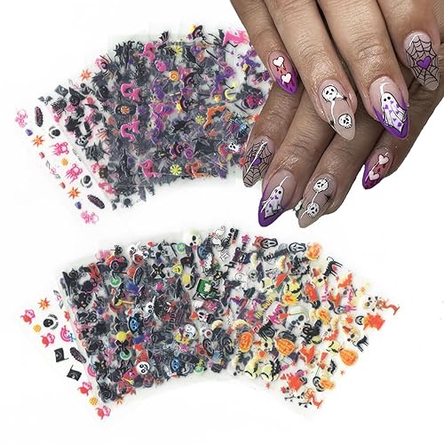 24 hojas de calcomanías de arte de uñas de Halloween, cara de fantasma aterrador, 3D, suministros de uñas autoadhesivas en 3D, tela de araña,
