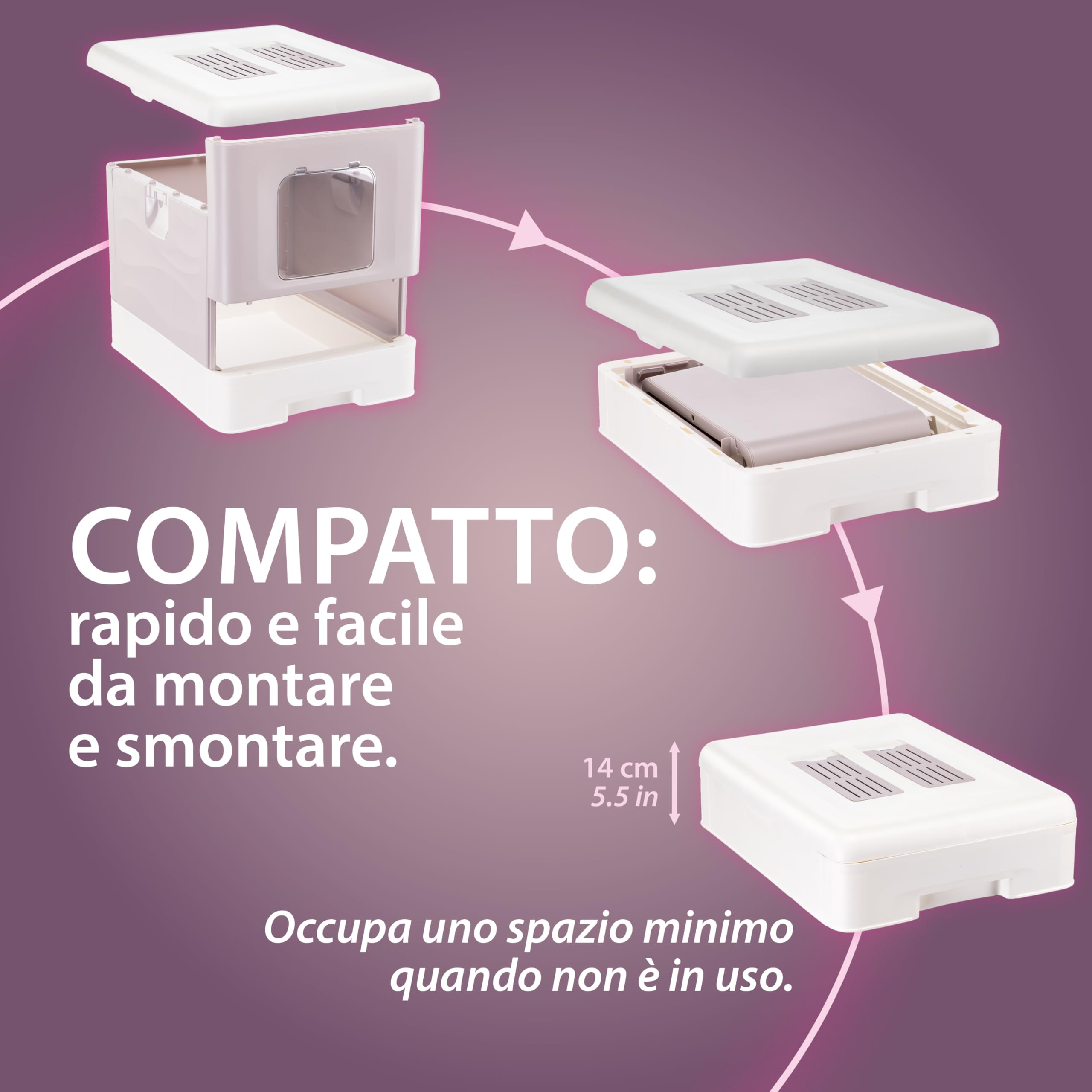 Ferplast Lettiera Gatto Chiusa Antiodore Antisporco Facile da Pulire, Rosa | 2 Filtri al carbone attivo che eliminano gli odori, griglia raccogli lettiera anti-perdite, paletta e spazzolina inclusi