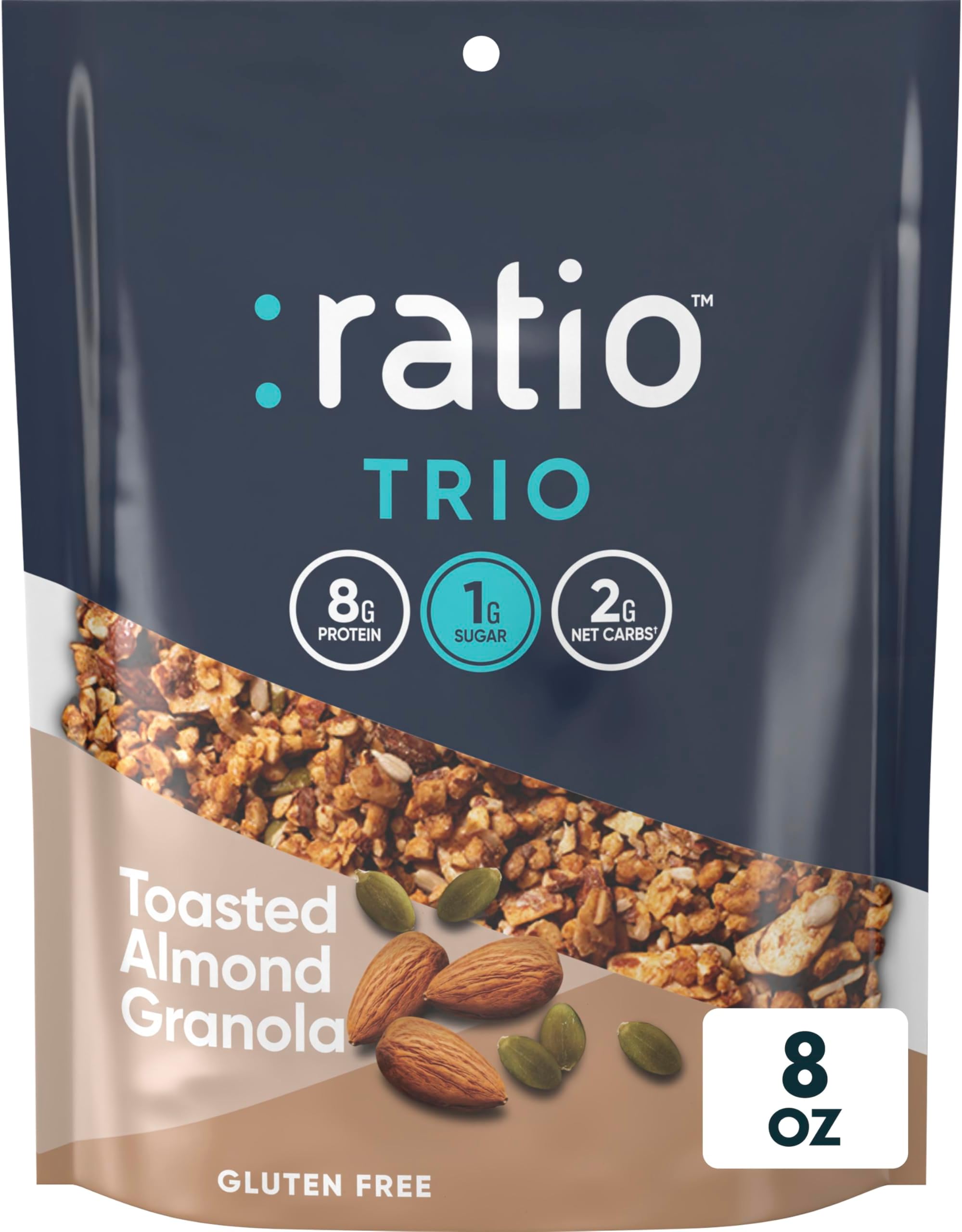 Ratio Trio Toasted Almond Granola Cereal, 1g Sugar, Keto Friendly, 8 oz Resealable Bag