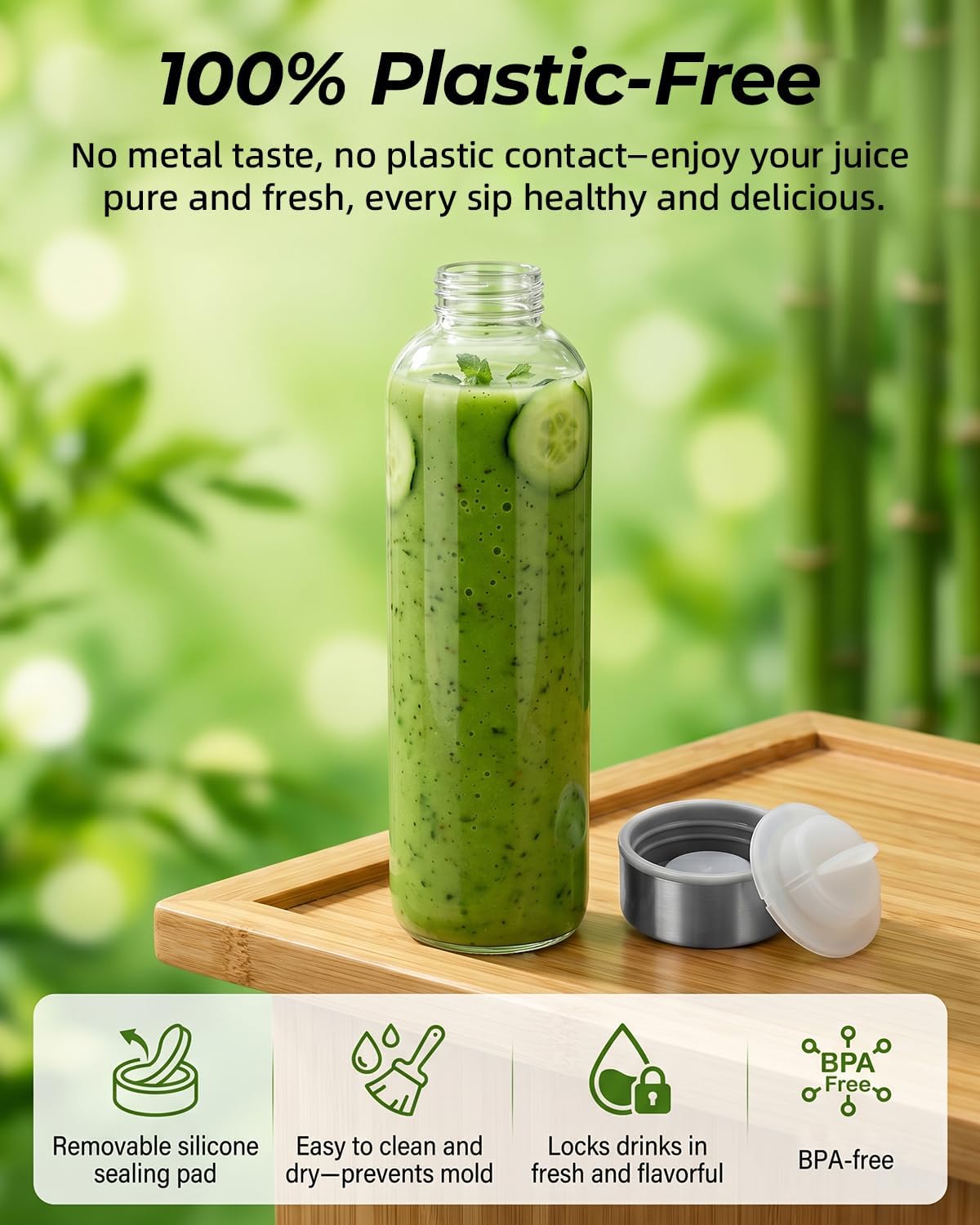 Zukro Glass Juice Bottles With Lids 32 oz, 3 Pack Clear Glass Bottle with Airtight Stainless Steel Lids For Juicing, Water, Homemade Drinks, Leak Proof & BPA Free