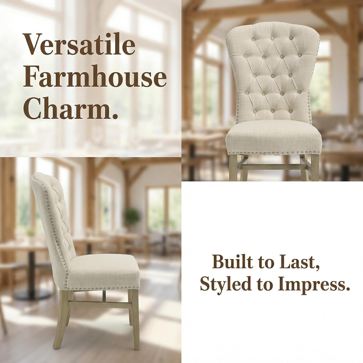 Tufted Dining Chairs Set of 2, Farmhouse High Back Linen Upholstered Parsons Chairs, Solid Wood Armless Side Kitchen Chairs for Kitchen & Dining Room, Beige