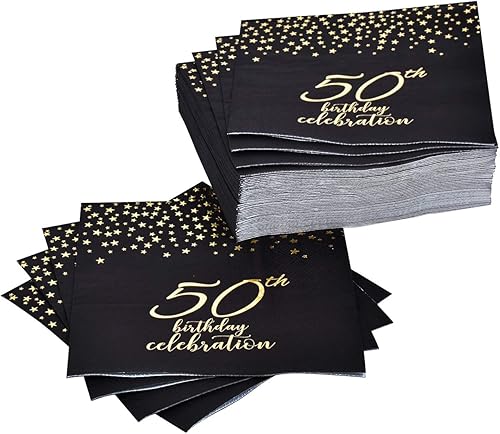 Miniatura 2 de Gatherfun 50th Birthday Napkin Disposable Paper Napkins Black and Gold Party Decorations Tableware for Men Woman 50 Birthday Party（6.5X6.5in, 3-Ply