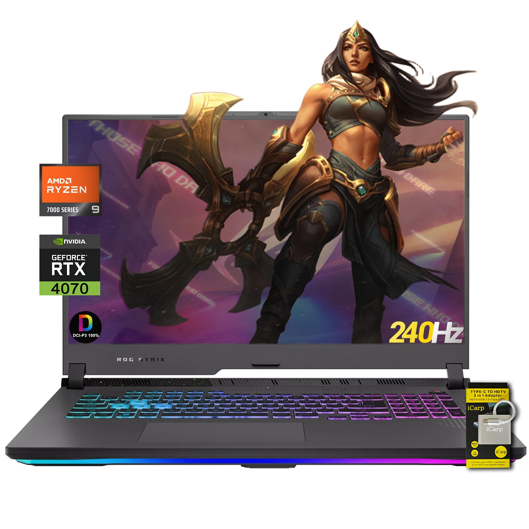 ASUS ROG Strix G17 Gaming Laptop 17.3" WQHD 240Hz (G-Sync, 100% DCI-P3, 3ms) AMD 16-core Zen 4 Ryzen 9 7940HX (>i9-12900H) 64GB RAM 4TB SSD GeForce RTX 4070 USB-C RGB Backlit Win11 w/ICP Accessory