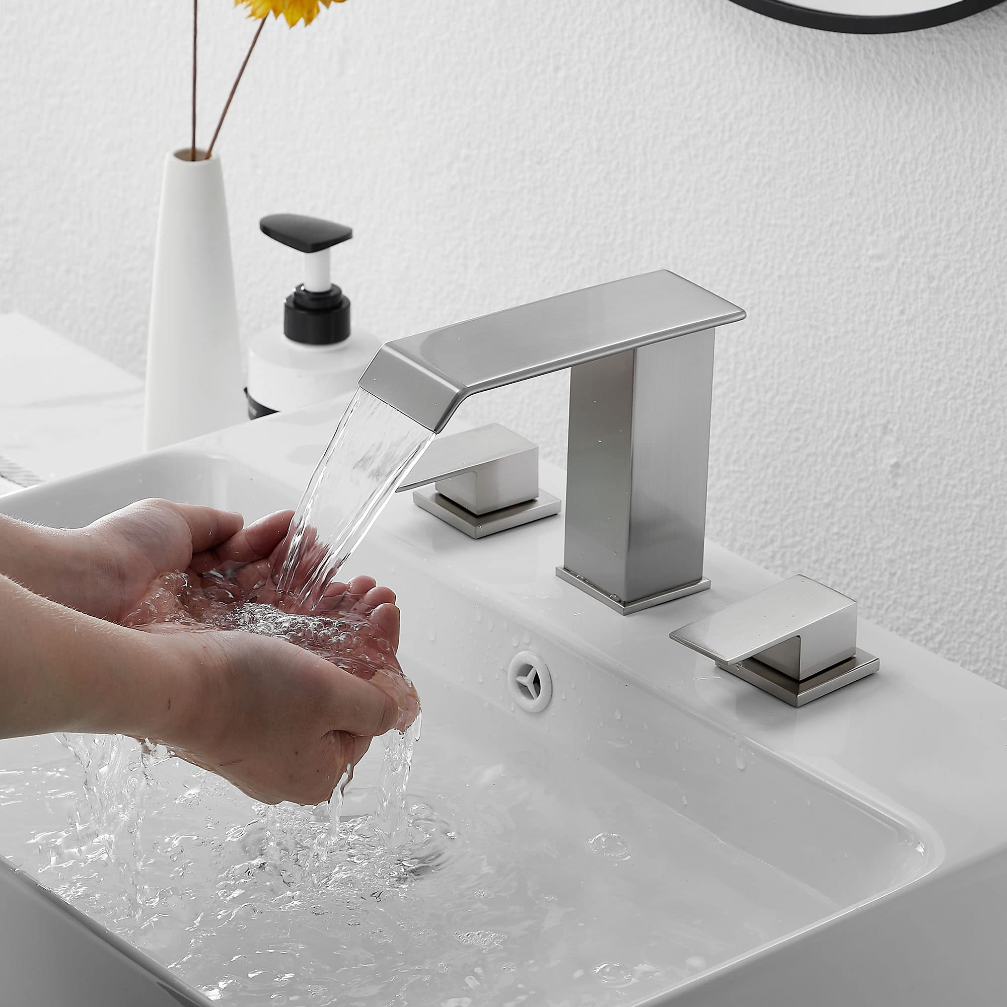 Bathroom Faucet Brushed Nickel Widespread GGStudy 3 Holes 2 Handle Waterfall Modern Bathroom Sink Faucet with Pop Up Drain