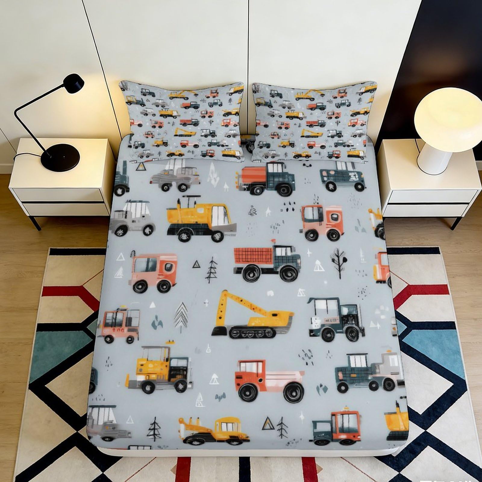 3D Printed Construction Vehicles Fitted Sheet Microfiber Soft Breathable Trucks Mattress Cover for Bedroom Dorm Protection Decor 160x200x25cm
