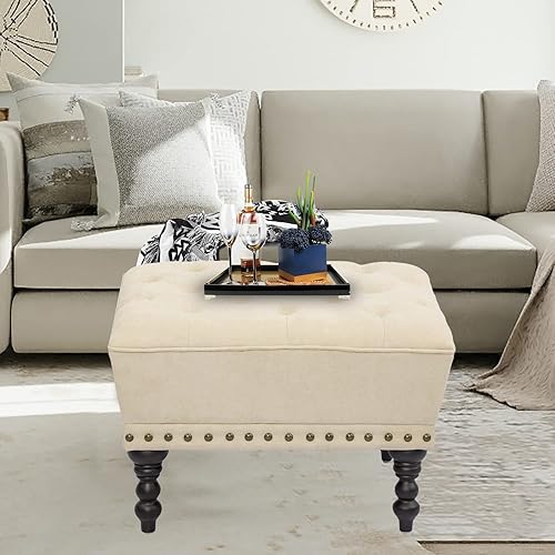 Miniatura 6 de Joveco Taburete otomano de tela reposapiés pequeño banco moderno asiento silla, Crema Blanco