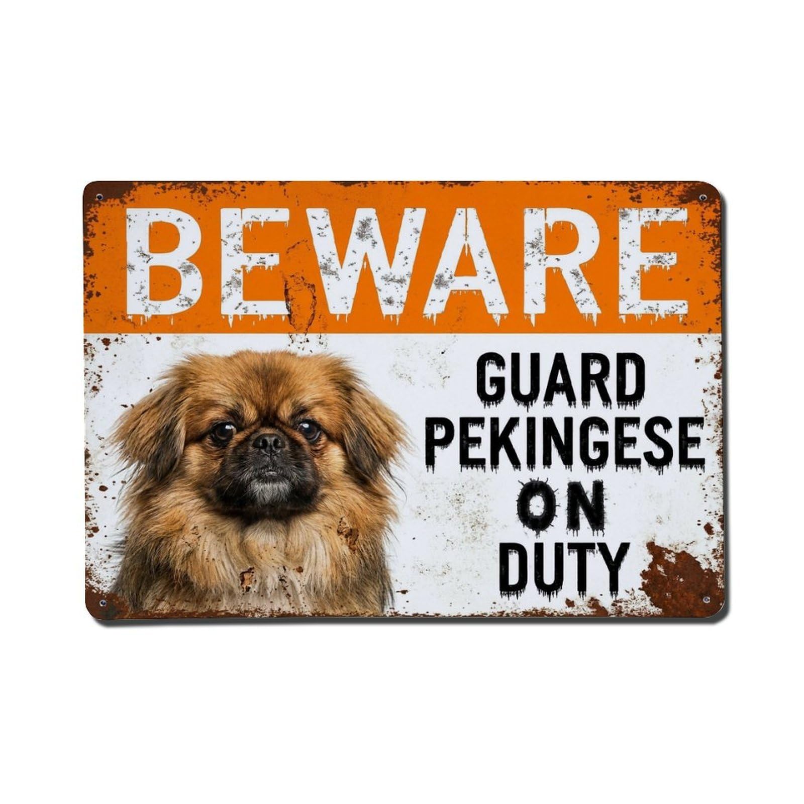 Vintage Funny Pekingese Guard Beware of Dog Space Metal Tin Sign