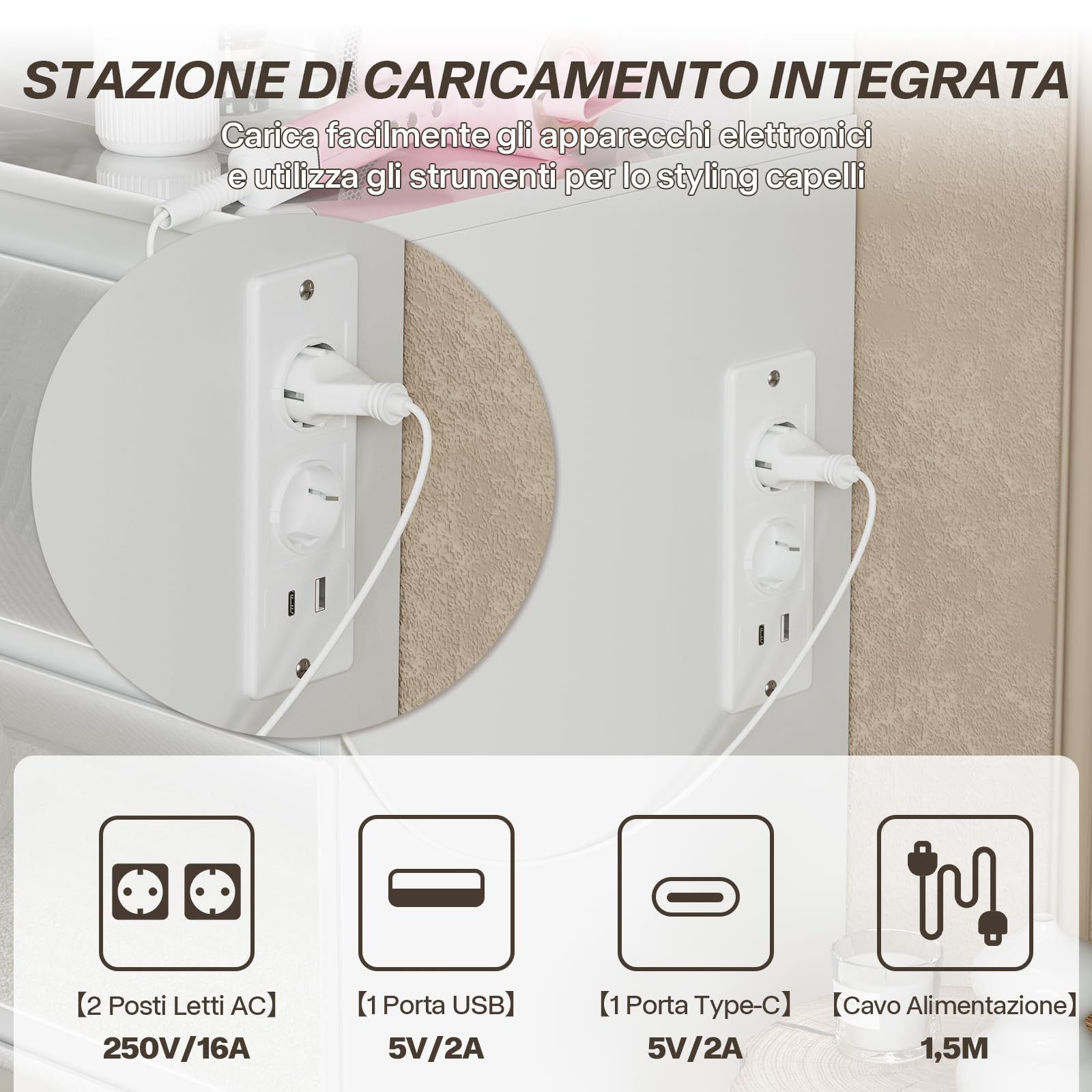 TRIUMPHKEY Bianco Lucido Toeletta Trucco con LED e Prese,Postazione Trucco con Grande Specchio,120 x 40 x 140 cm,Tavolo da Trucco con 7 Cassetti e Armadio per Gioielli
