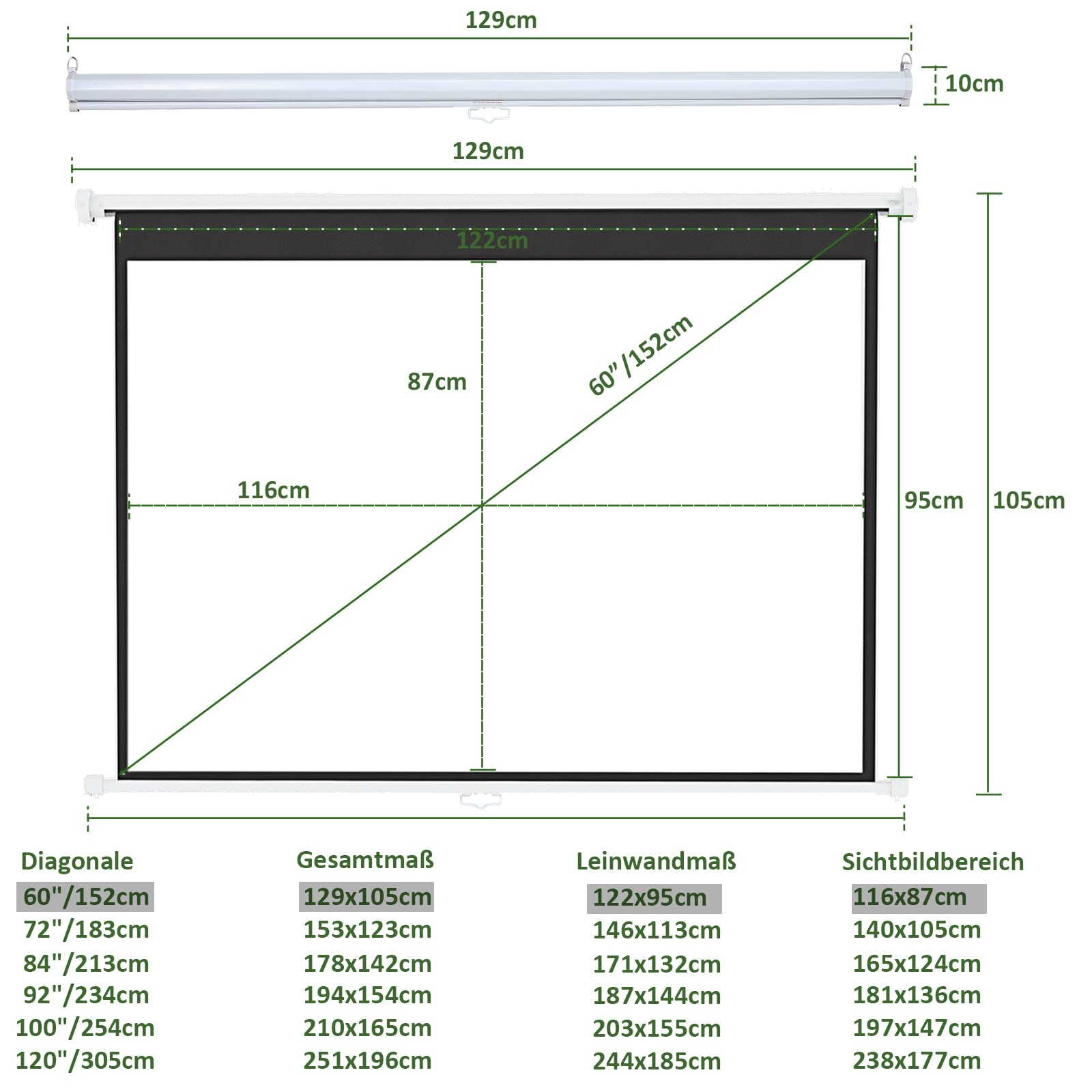INMOZATA Leinwand Beamer Rollo 129cm, Bild 116 x 87 cm(60 Zoll), Format 4:3, Deckenmontage & Wandmontage Projektor Leinwand für Heimkino Büro Treffen Schule Präsentationen-Weiß Gehäuse