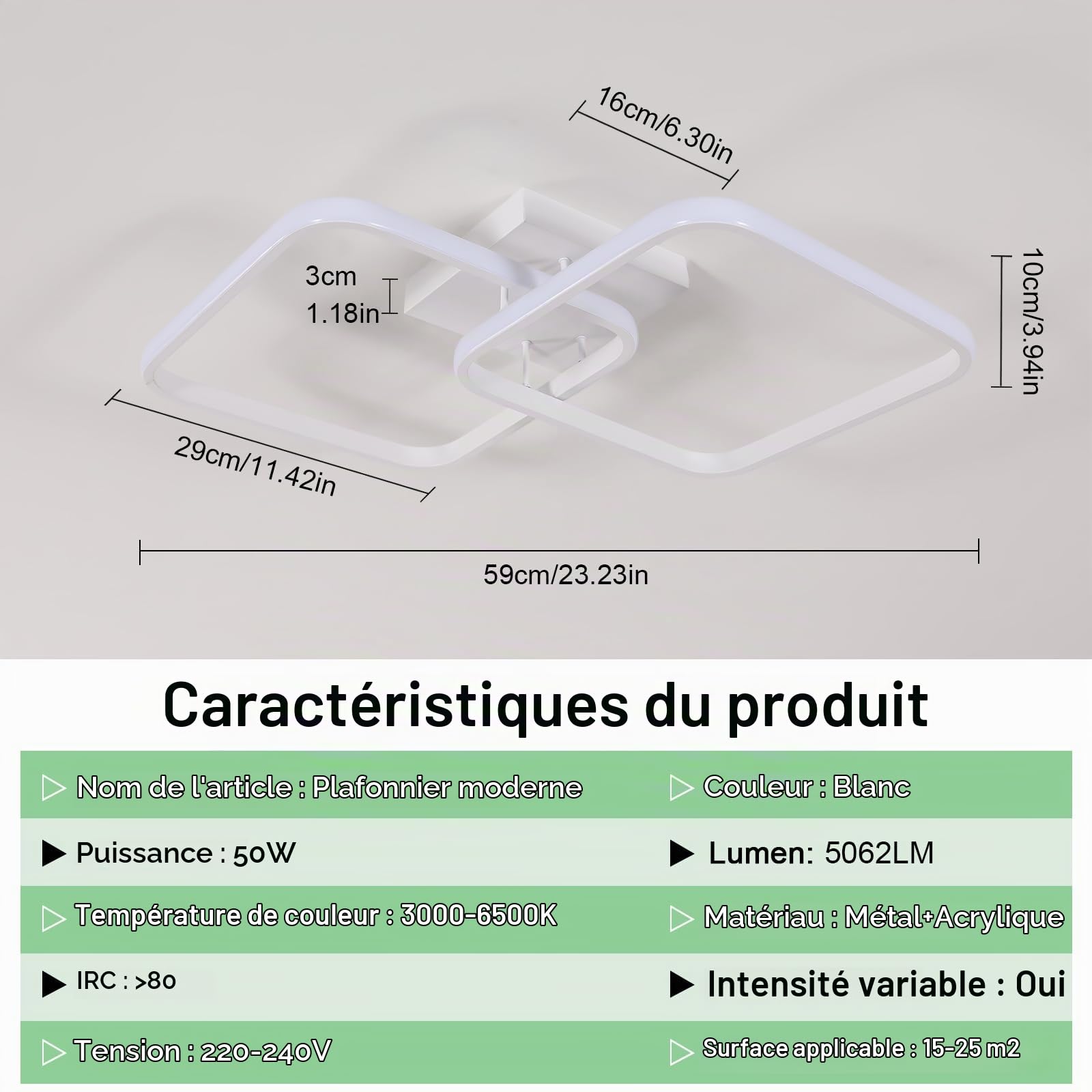 Comely 50W 5625LM Plafonnier LED Dimmable, 64cm Luminaire Plafonnier avec Télécommande 3000K-6500K, Lustre Salon Carré en Acrylique pour Chambre Salle de Bain Salon Cuisine Couloir