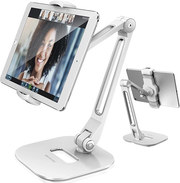 AboveTEK Long Arm Aluminum Tablet Stand, Folding Stand with 360° Swivel Phone Clamp Mount Holder, Fits 4-11" Display Tablet for Kitchen Table Bedside Office Desk POS Kiosk Reception (11.43 - 19.05 CM)