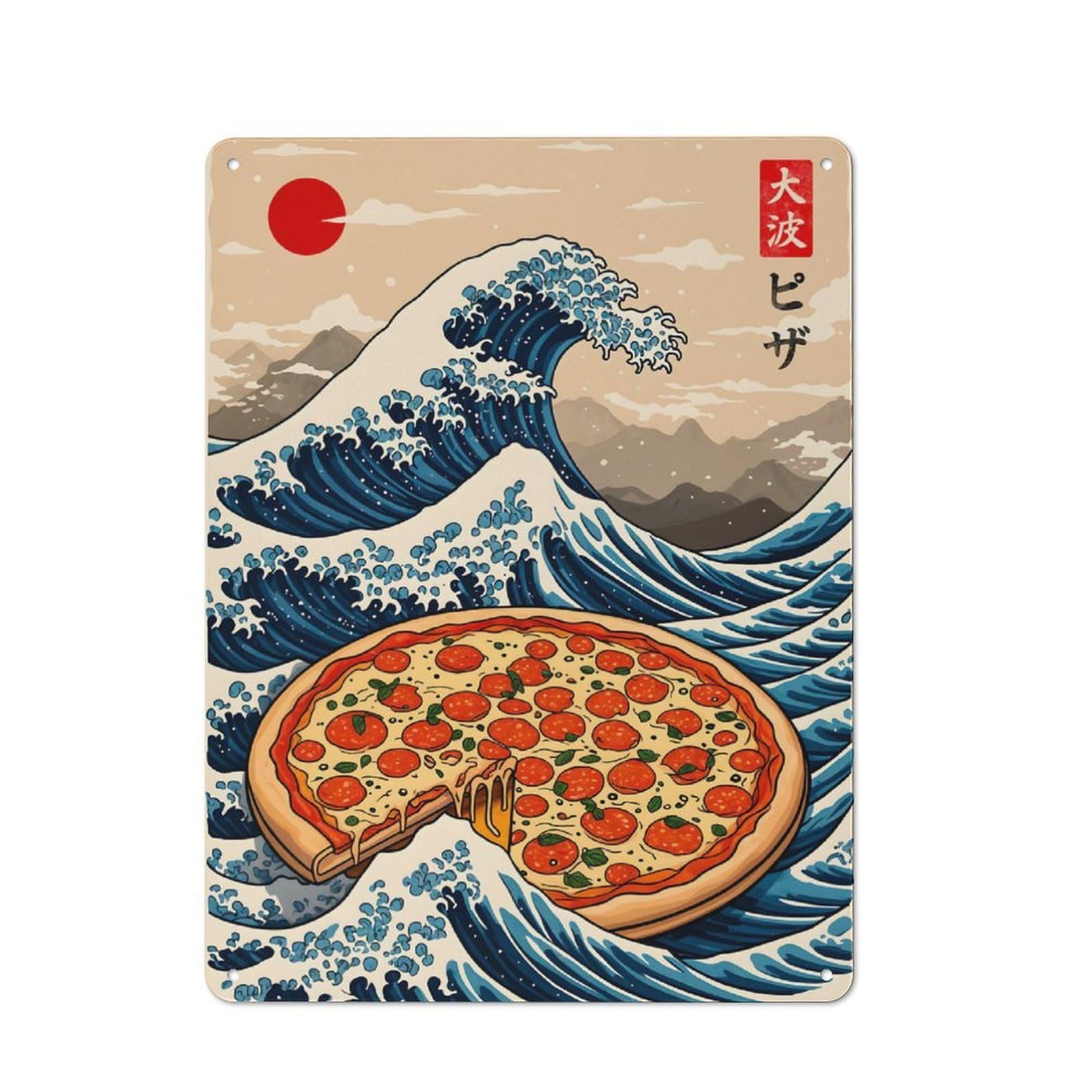 Junmoney Pizza Great Wave Rustic Decorative Tin Sign 40X30cm, Cottage Wall Art For Cottage, Kitchen, Hallway Or Breakfast Nook