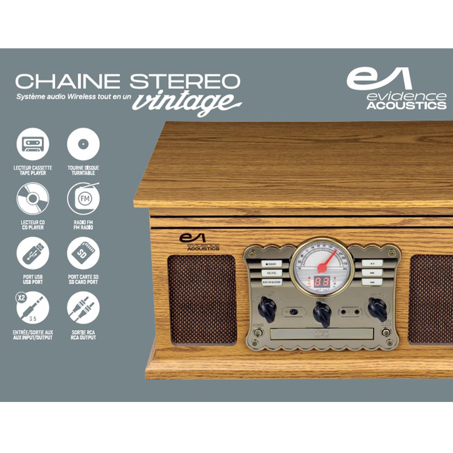 Chaîne HiFi Tourne-Disque Evidence Acoustics EA-PL300-WOOD Vinyle 33/45/78, 60W, FM, CD, Cassette, BT USB SD REC, rétro Vintage