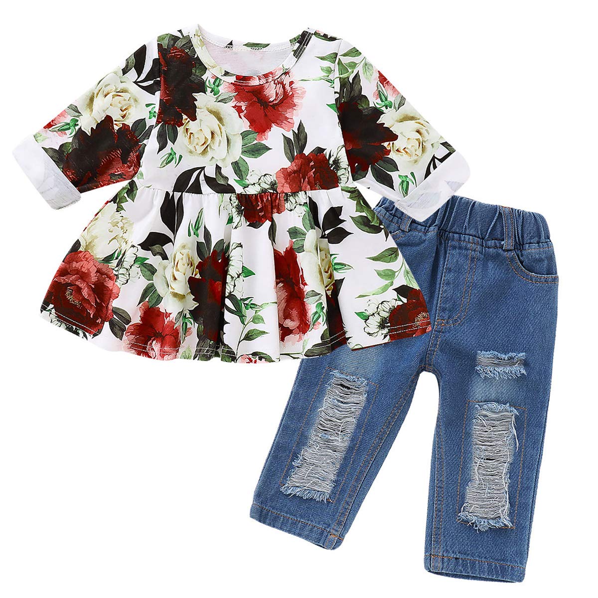 2PCS Toddler Baby Girls Floral Swing Dress Shirt Top + Hole Denim Pants Outfits Set