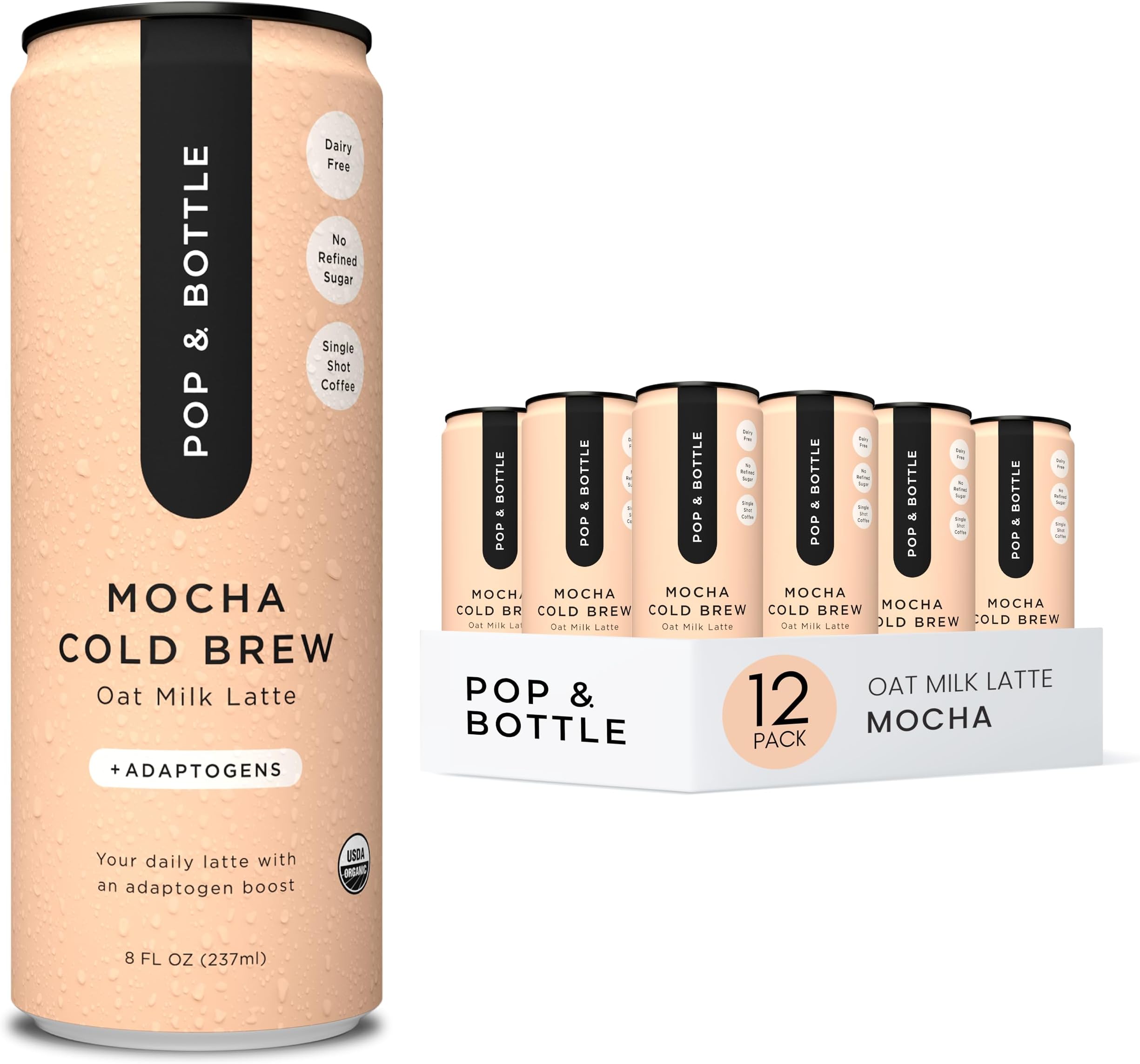 Pop & Bottle, Oat Milk Lattes - Cold Brew With Adaptogens, Maca, Ashwagandha, Mct Oil, Oat Milk, Organic, Dairy Free, Gluten Free, Great As Iced Coffee, Lightly Sweetened With Dates - Mocha, 8 Fl Oz (12 Pack)