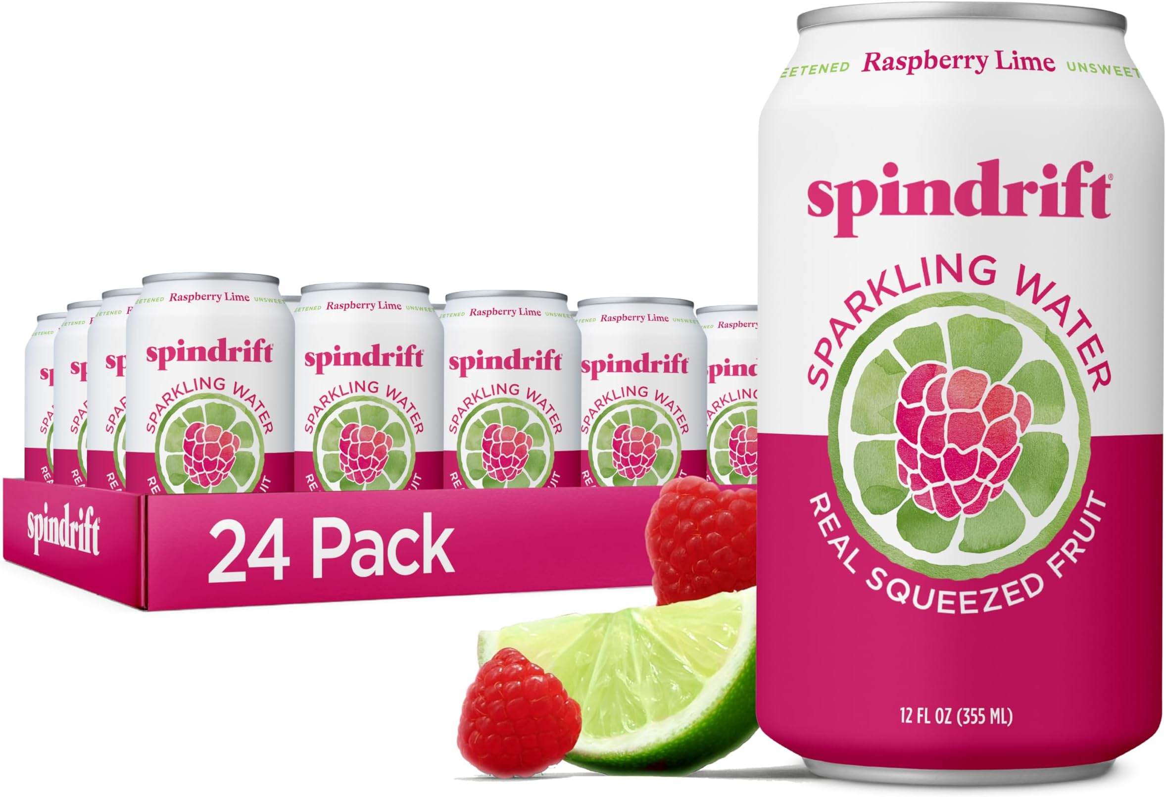 Spindrift Sparkling Water, Raspberry Lime Flavored, Made with Real Squeezed Fruit, Only 9 Calories per Can, 12 Fl Oz Cans, Pack of 24