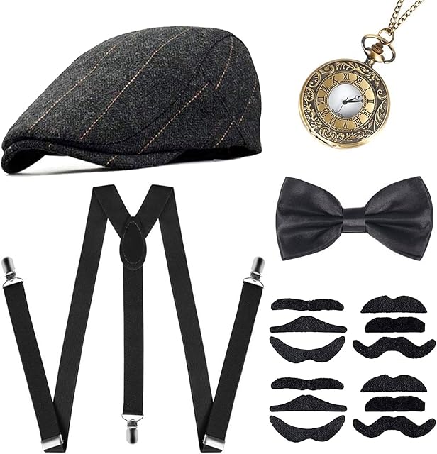 NITAIUN 1920s Gatsby Costume for Men, 20s Men Fancy Dress Accessories with Panama Hat Bow Tie Elastic Suspenders Vintage Pocket Watch and Moustaches Set, Gatsby Costume Accessories