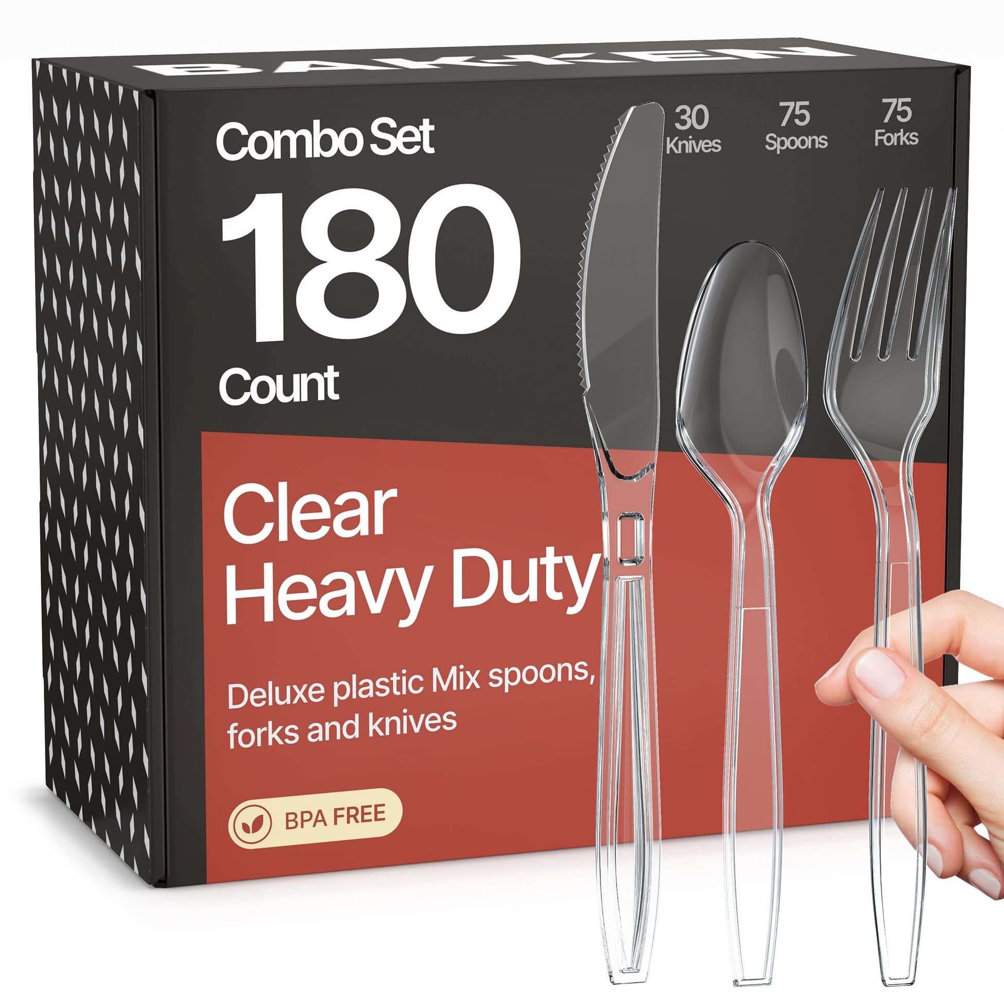 Bakken Disposable Cutlery Set 180 Pieces of Forks, Knives & Spoons, Heavy Duty Plastic Silverware, BPA-Free Food-Grade Materials, Heat-Resistant, Reusable Utensils for Parties and Everyday Use, Clear