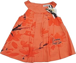 فستان كاميرون للبنات بطباعة زهور مرجانية مع فيونكة مزخرفة، تصميم مطوي بدون اكمام - برتقالي