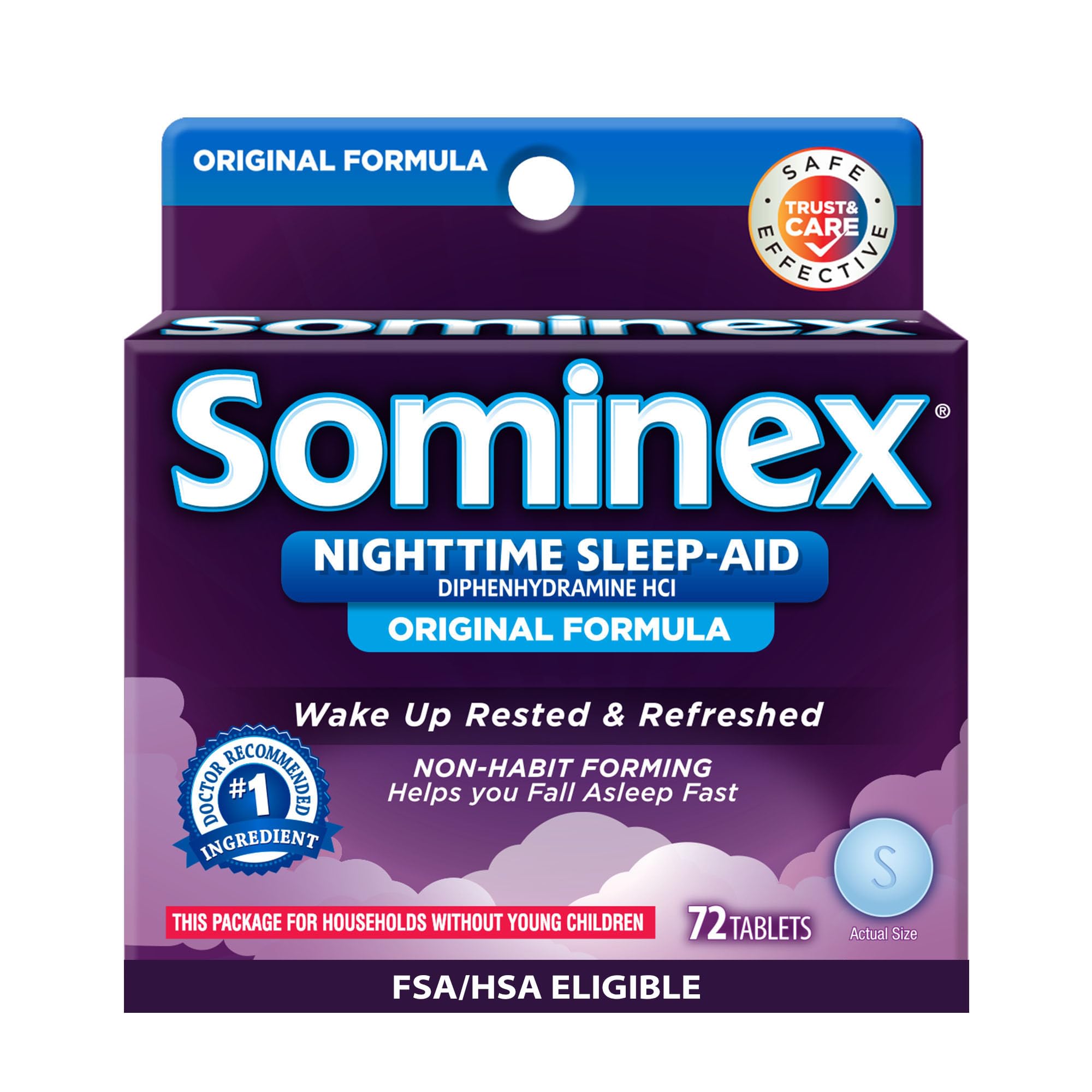 Sominex Nighttime Sleep-Aid with Diphenhydramine HCl 25 mg, Original Formula, 72 Tablets