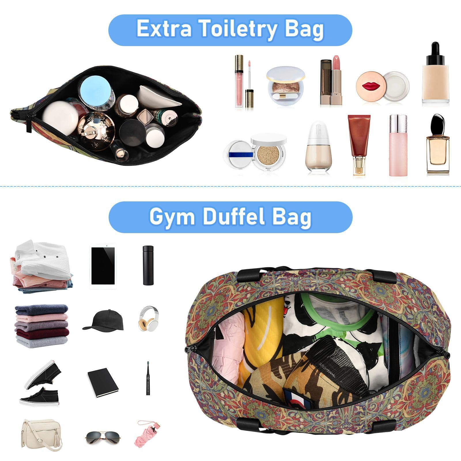 Calla Lily Red Blue William Morris - Bolsas de viaje con bolsillo húmedo con correa ajustable para senderismo, juego de 2 piezas para hombres y mujeres