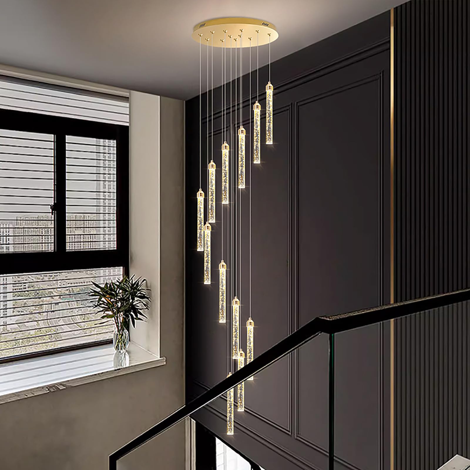 PCXEHUYP 12 Lights Crystal Bubble Chandelier for Staircase,Modern 72W Dimmable Lighting with Remote,118inch Adjustable Height Ceiling Light Fixture Villa,High Ceiling,Foyer(12 Lights, Column)