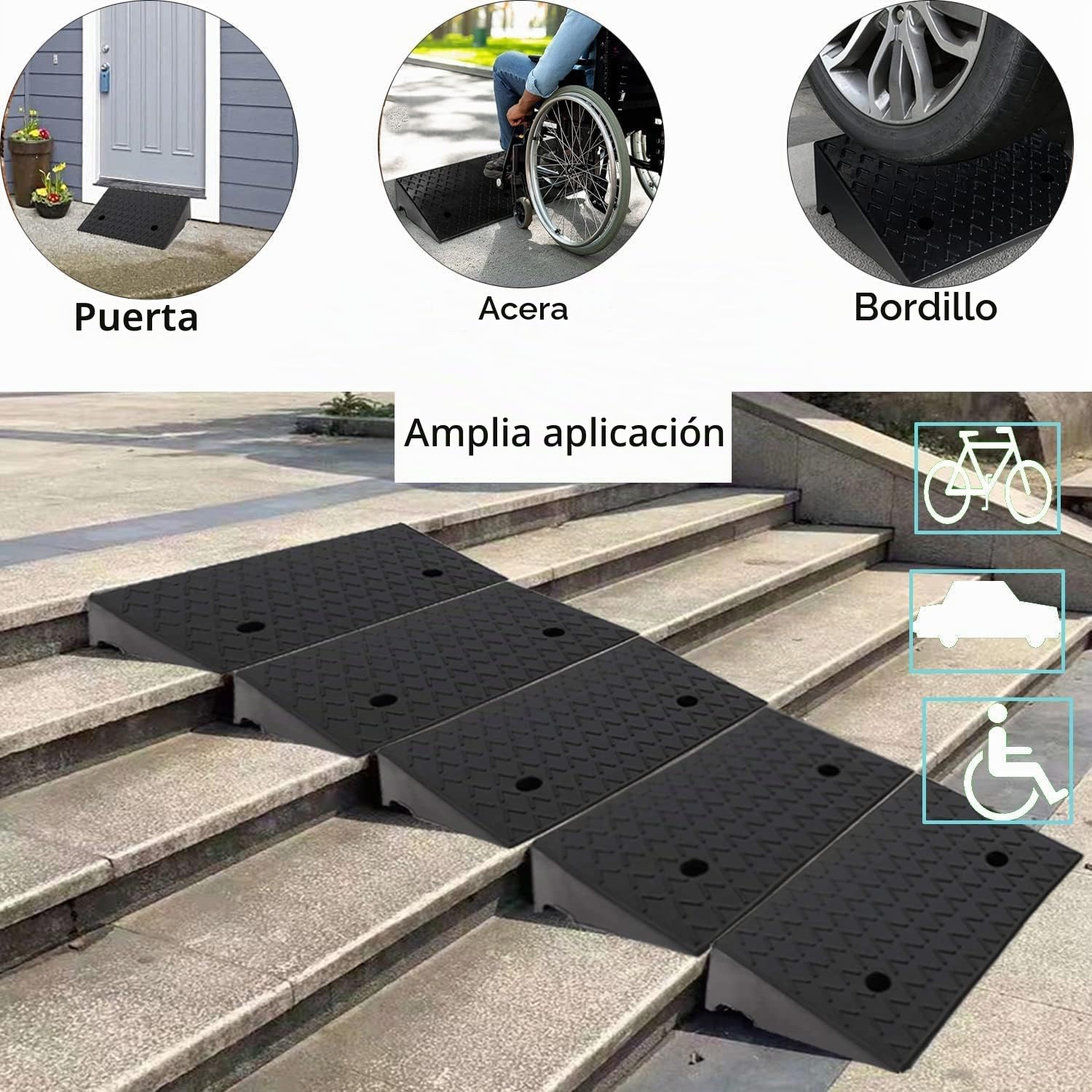 Rampa de bordillo de goma, 15 cm de alto, rampa de entrada portátil, antideslizante, superficie texturizada, bordes de bordillo para la entrada, lámpara de carga, acera, coche, bicicleta, moto