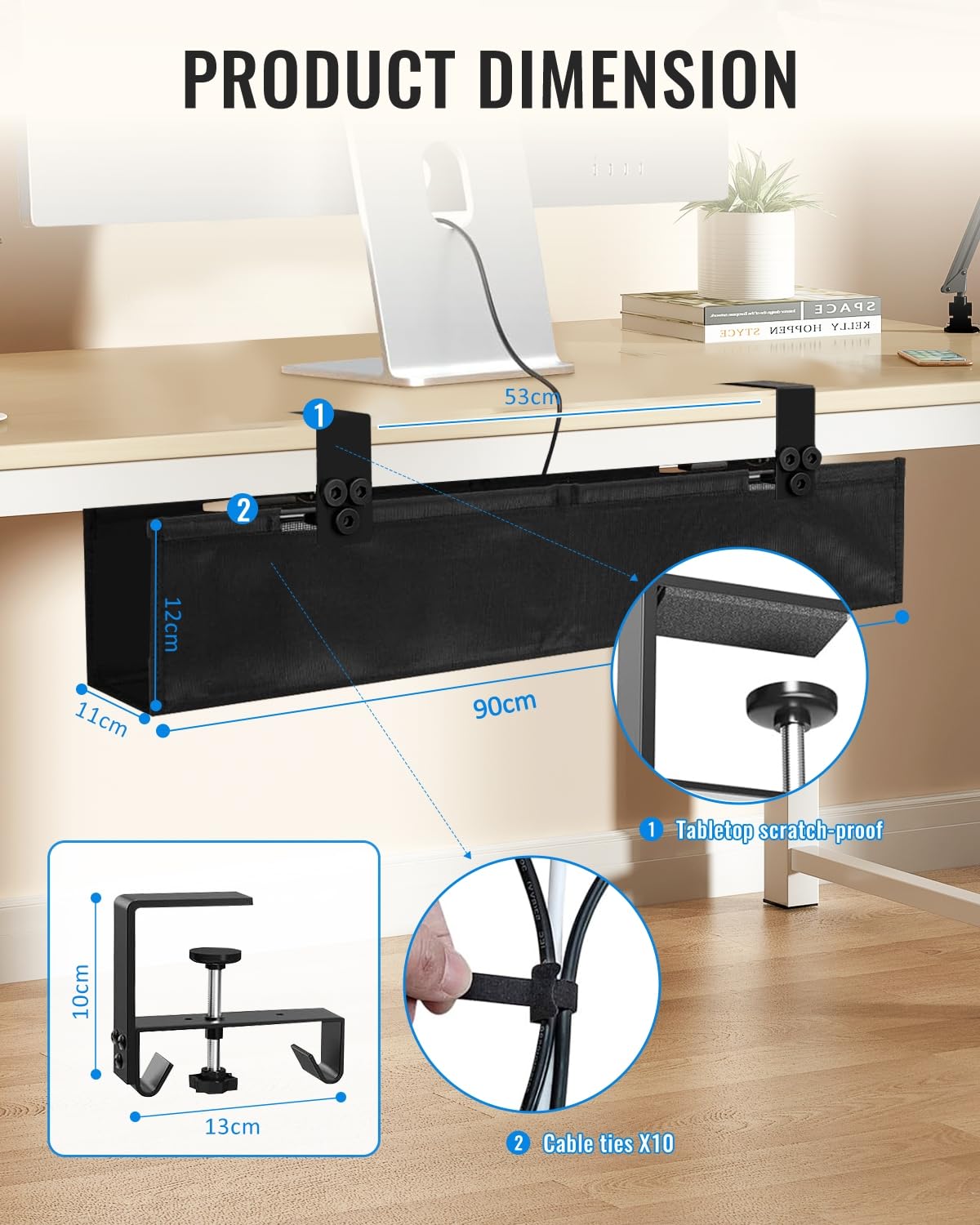 Treibo Kanał kablowy pod biurko bez wiercenia, 90 cm zarządzanie kablami pod biurkiem, podwójny kabelorganizer z tkaniny Oxford 600D, mocowanie zaciskami/śrubami, kabelwanna do biura i domu