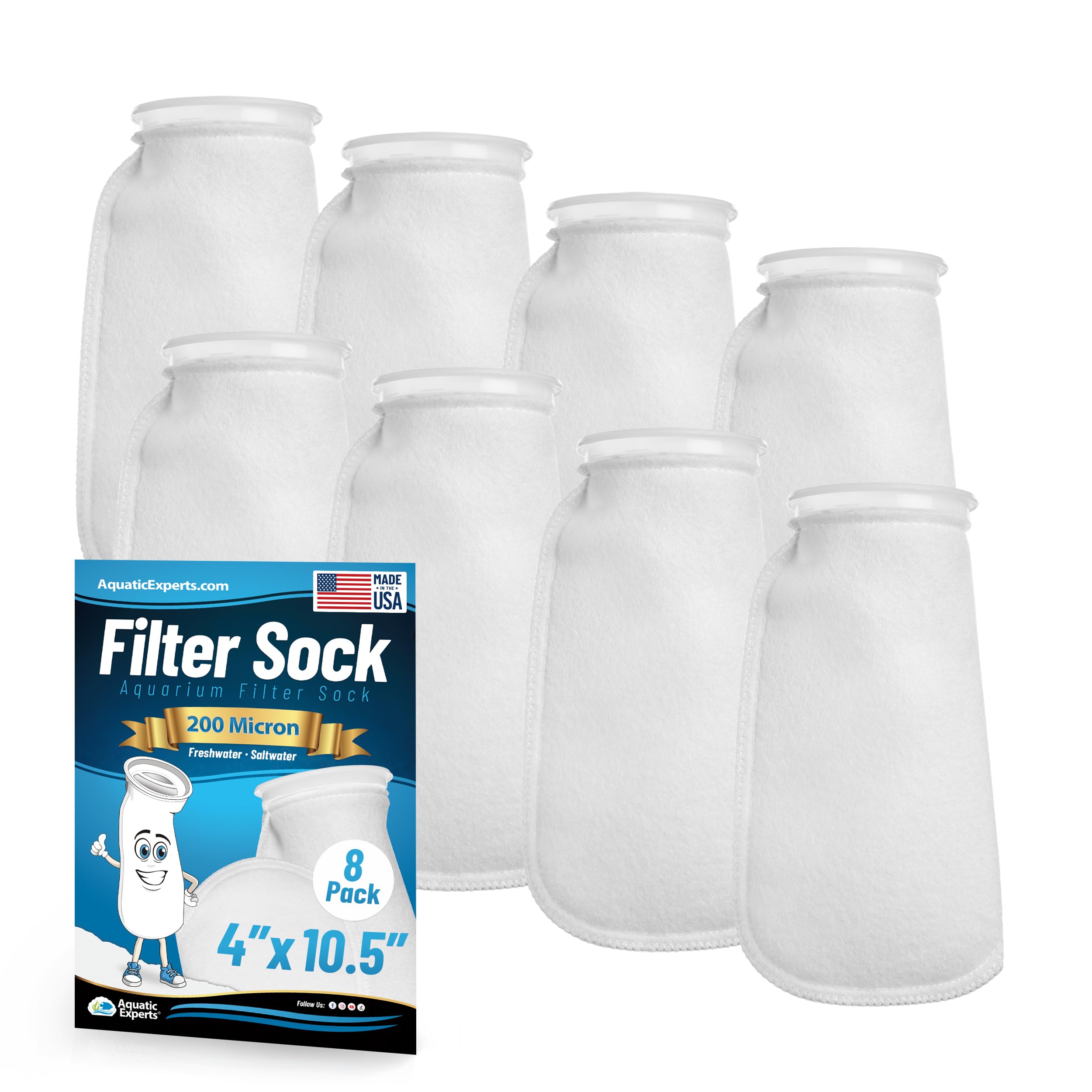 Aquatic Experts 4 inch Ring Filter Socks 200 Micron, Filter Socks for Saltwater Aquarium, Sump Filter Sock, Felt Aquarium Socks, Reef Filter Sock (8 Pack, 4" x 10.5)