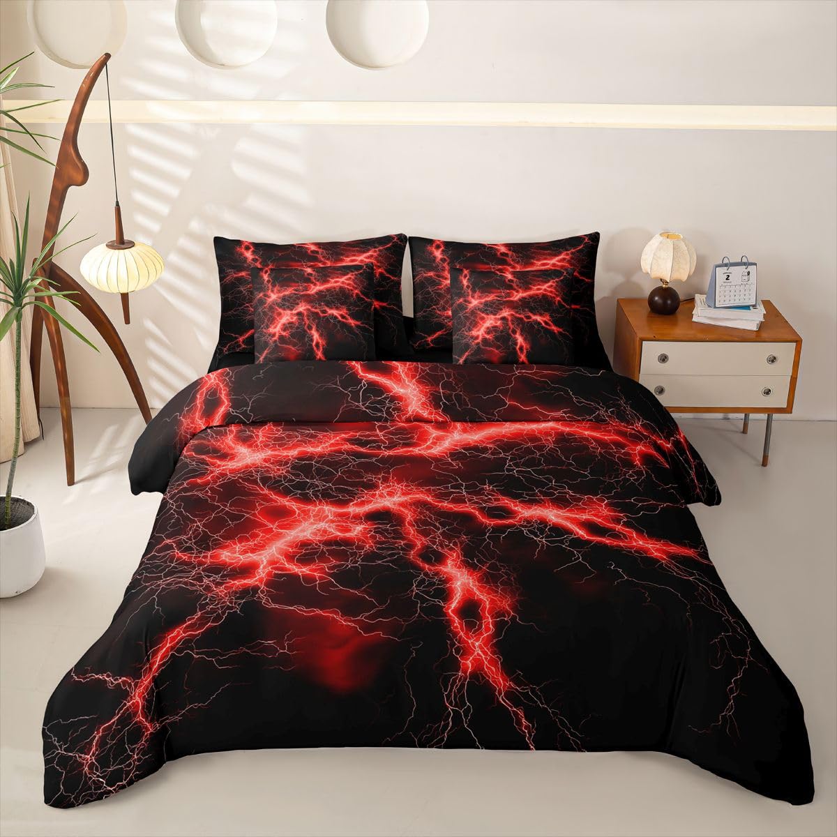 Loussiesd Juego de ropa de cama de 7 piezas con funda de edredón para cama de matrimonio de 7 piezas, color rojo y negro, decoración de habitación, geométrico, suave, ligero, microfibra para niños y