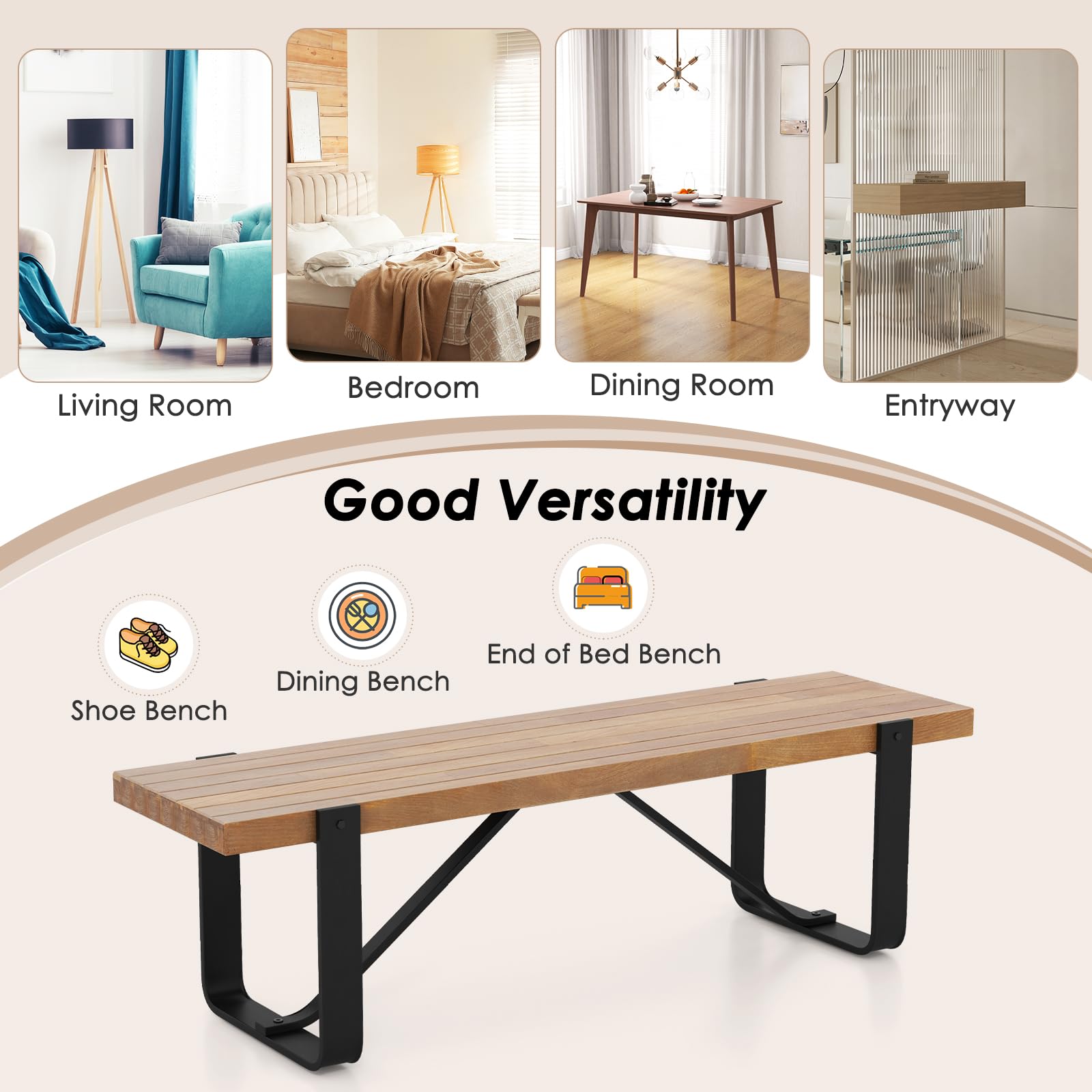 GIANTEX 60" Dining Bench for 30-Person, Long Entryway Bench Seat with Metal Frame, 660 Lbs Capacity, Farmhouse End of Bed Bench for Living Room, Bedroom, Dining Room, Brown
