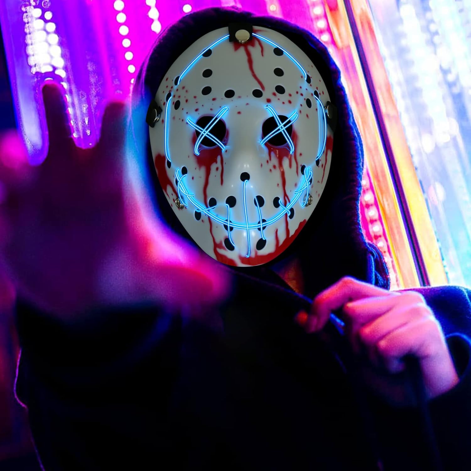 Miniatura 6 de SUTOTAC Máscara facial brillante de Jason de Halloween máscara de hockey de terror con luz LED máscara de cosplay para fiesta de disfraces