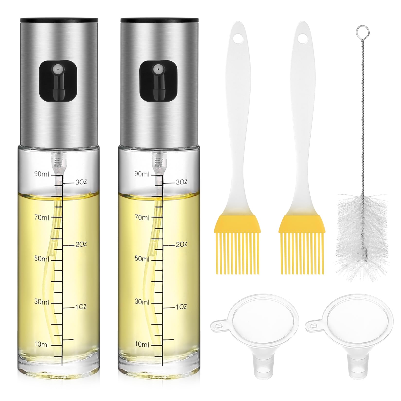 2 botellas de spray de aceite de oliva para cocinar, pulverizador de aceite de oliva de vidrio de 100 ml para cocinar freidora de aire, dispensador de botellas de vinagre de cocina en casa, con 2